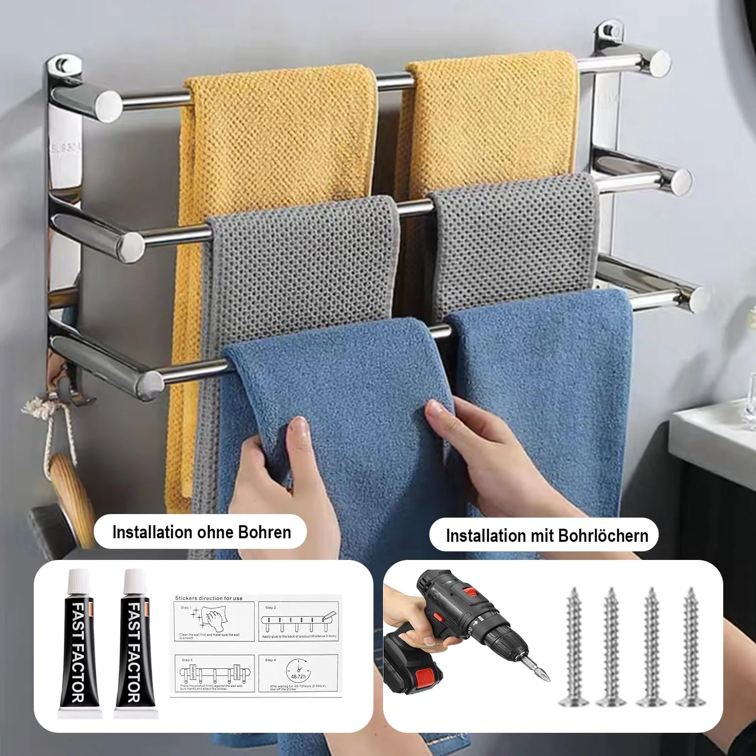 60CM Handtuchhalter Ohne Bohren, Handtuchhalter Stehend, Handtuchhalter Silber Badezimmer Zubehör, Handtuchhalter Bad Selbstklebend SUS304 Edelstahl, Handtuchhalter Wandmontage für Badezimmer Küche - Image 4