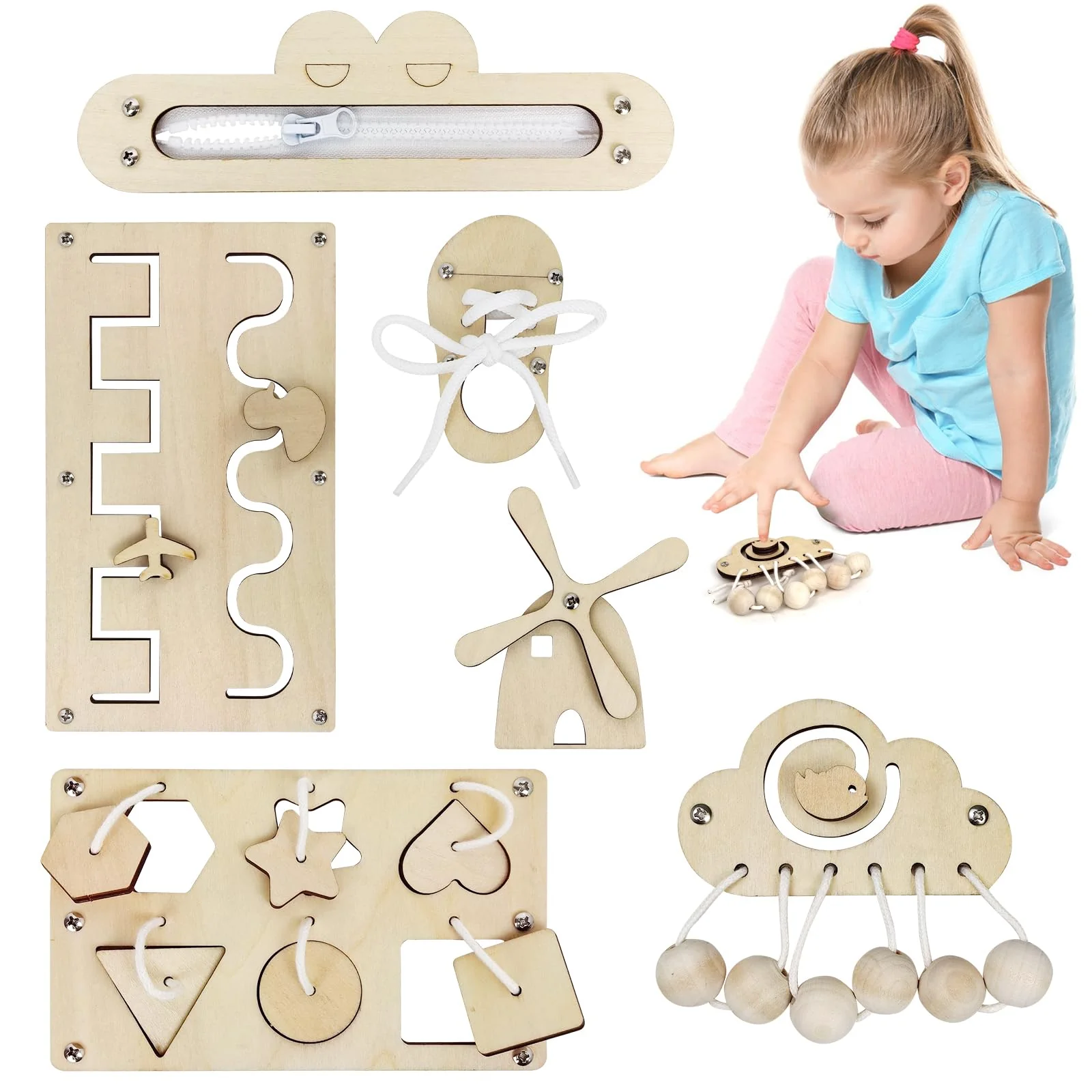 6Stks Hölzernes Busy Board, Aktivitätsbrett, Holzspielzeug Tätigkeitsboard, Kinder Activity Board, DIY Praktische Fähigkeiten Lernspielzeug, Holz Vorschulalter Busy Board Zubehör für 1-6 Jährige