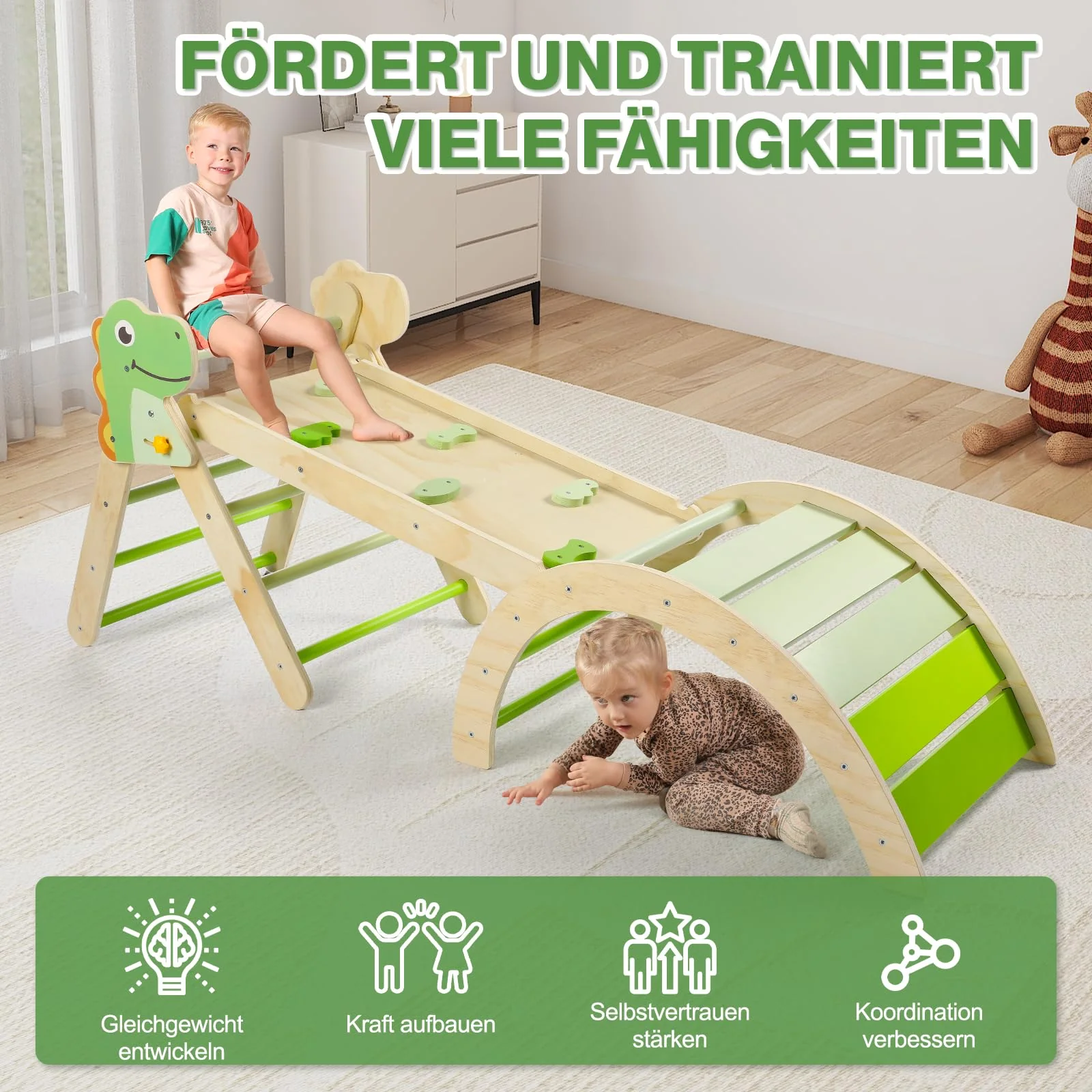 7-in-1 Montessori Kletterdreieck Set mit Rutsche, Kletterbogen & weichem Kissen – Holz Klettergerüst für Babys & Kleinkinder ab 1–3 Jahre, Indoor Spielgerät, faltbar & sicher (Dinosaur) - Image 3