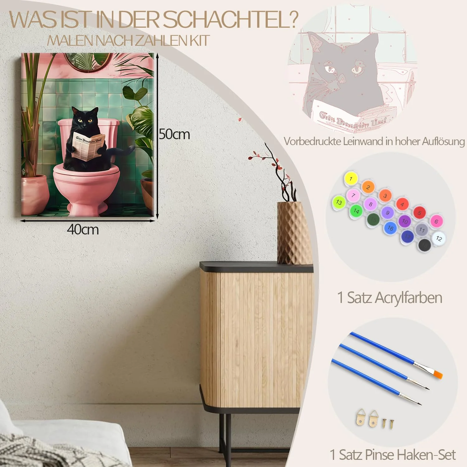 77iiAii Malen Nach Zahlen Erwachsene - 40x50 cm Leinwand Lustiges Katze auf Toilette, Paint by Numbers Adult Tiere Handgemalt Ölgemälde Kit Mit 3 - Pinseln und Acrylfarbe, Als Geschenk und Wanddeko - Image 4