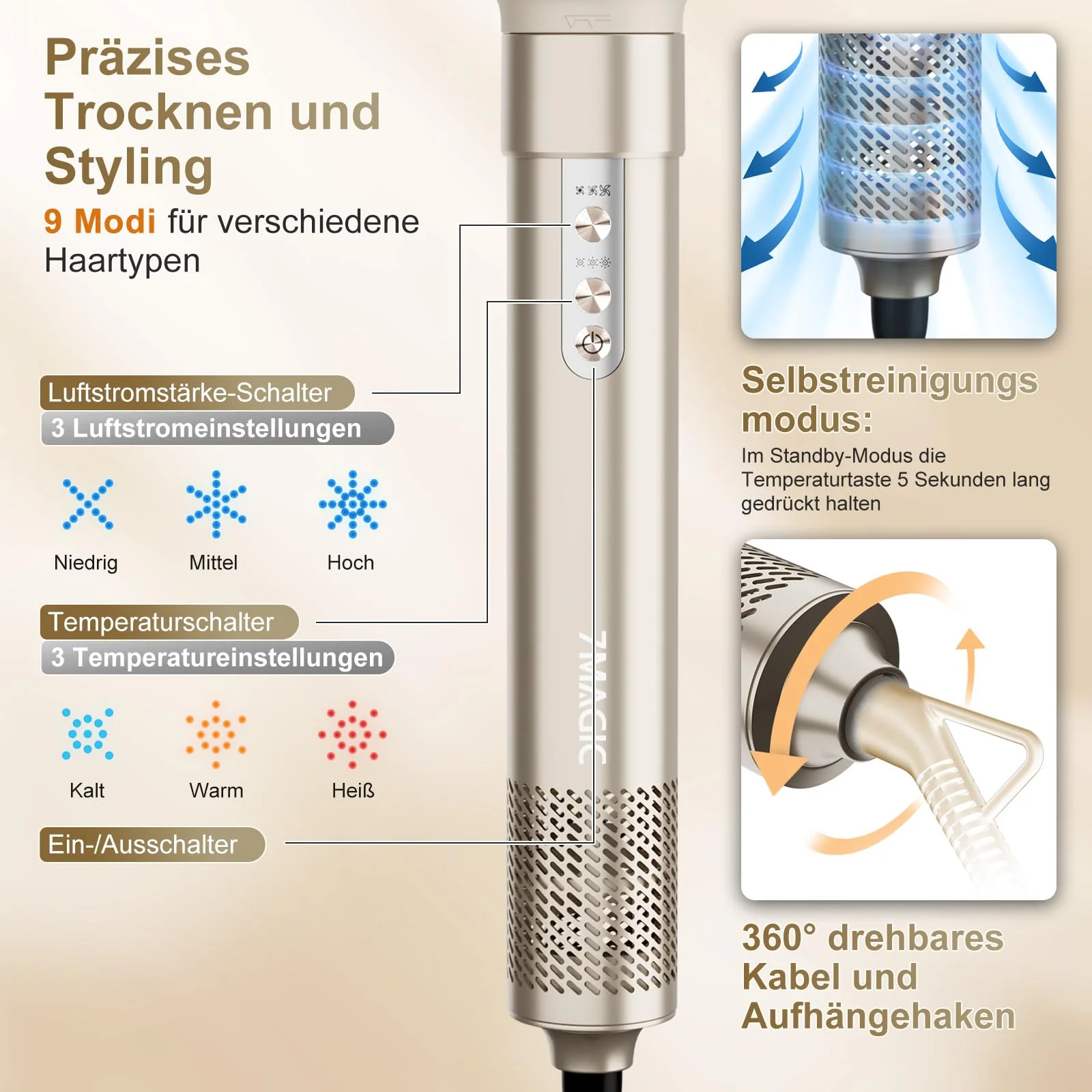 7MAGIC 6 in 1 Airstyler, Hairstyler, Lockenstab Auto-Wrap, Stylen Sie Beach Wave, Ionen Föhn, Professioneller Rundbürstenföhn,Glätteisen, für Besondere Anlässe, Reisen - Image 3