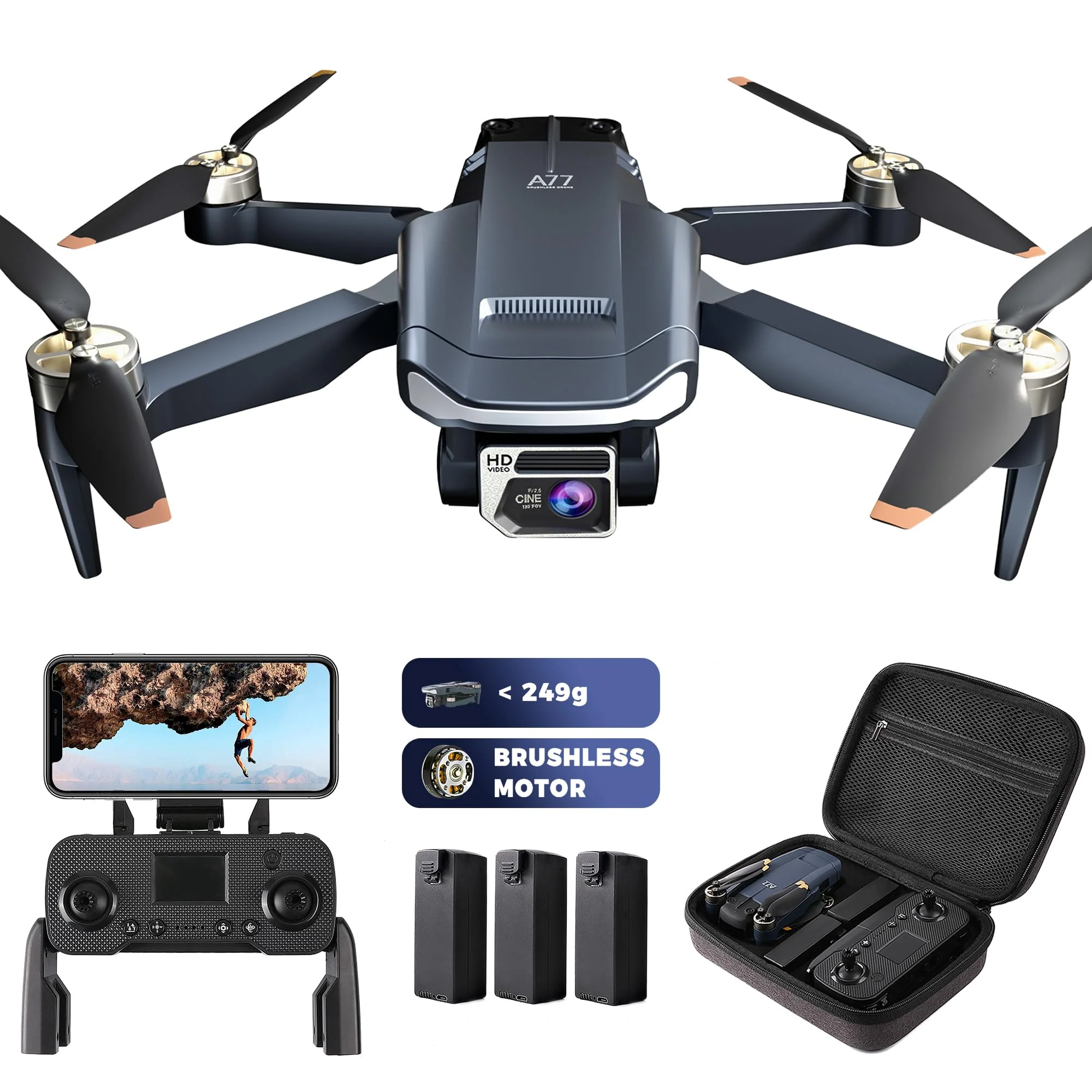 800 Meter Langstrecken-Überlebens-Bürstenloser Motor Drohne mit 84-minütiger Super-Langzeit-Flugzeit, 4K HD-Kamera-Drohne, CHUBORY A77 WiFi Quadrokopter, Autofolgen, Automatische Schwebung (3 Akkus)