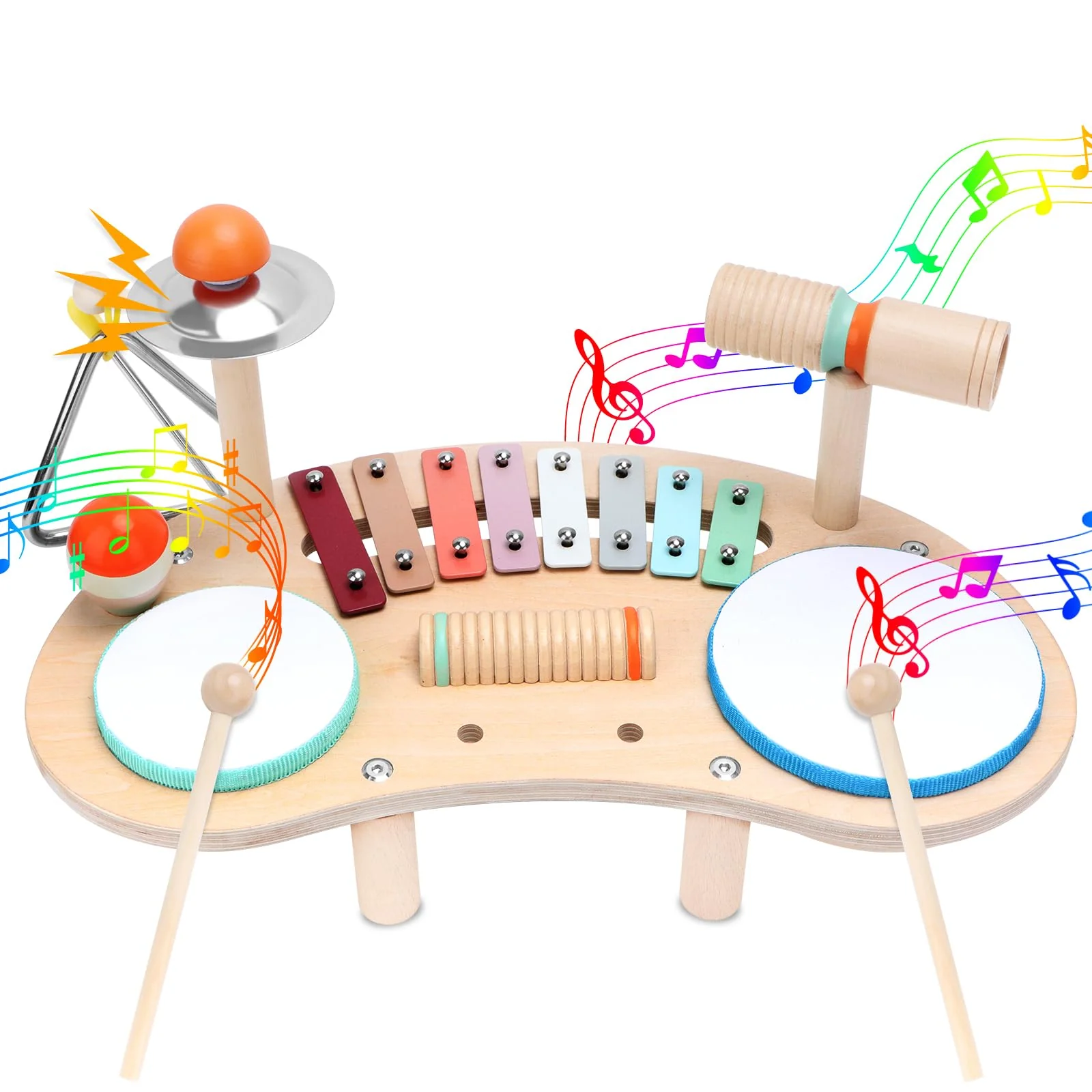 9 In 1 Kinder-Schlagzeug aus Holz, Kleinkinder Holz Xylophon Musikinstrumente, Pädagogisches Xylophon-Schlagzeug für Kinders, Festival und Geburtstagsgeschenke für Kinder von 3–6 Jahren