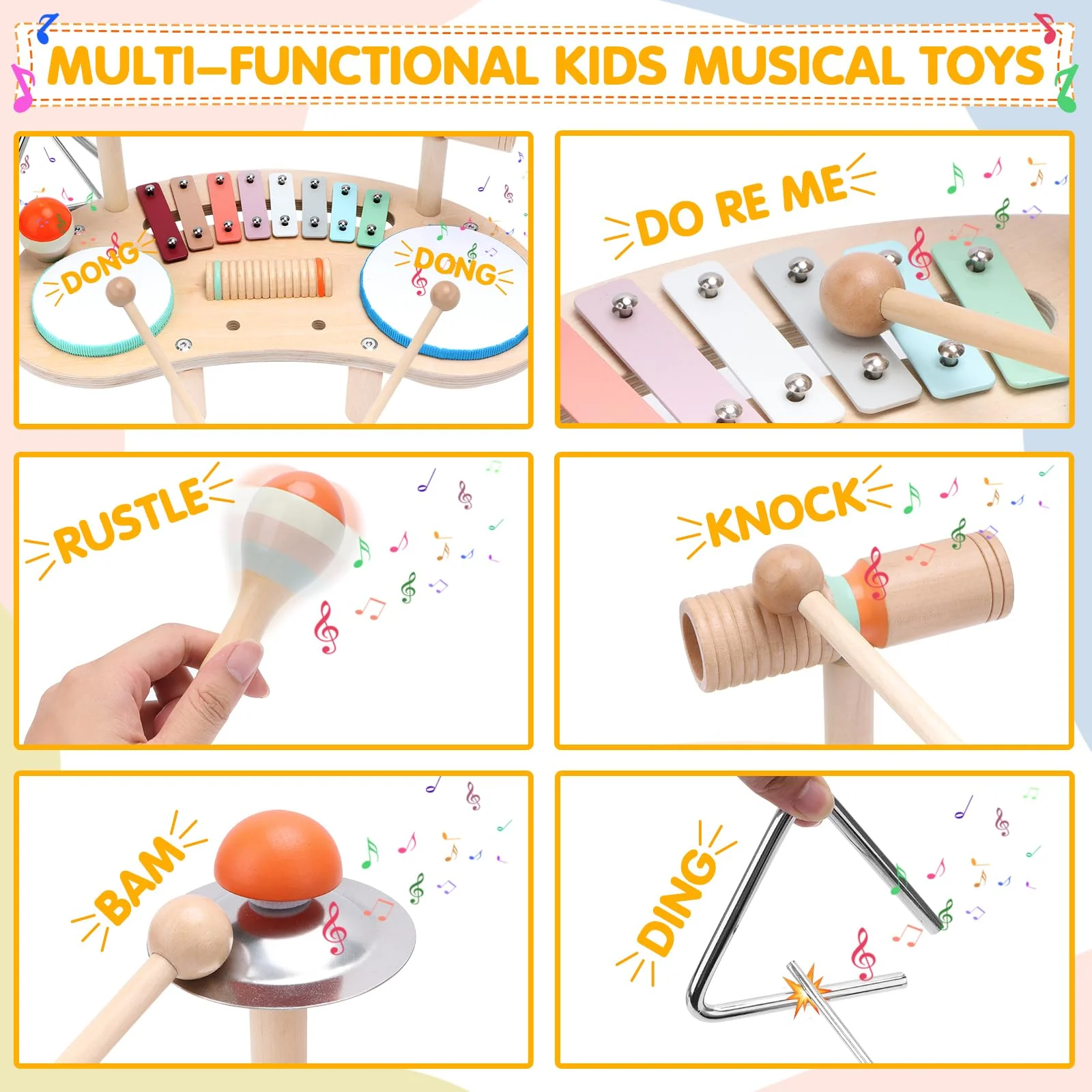 9 In 1 Kinder-Schlagzeug aus Holz, Kleinkinder Holz Xylophon Musikinstrumente, Pädagogisches Xylophon-Schlagzeug für Kinders, Festival und Geburtstagsgeschenke für Kinder von 3–6 Jahren - Image 5