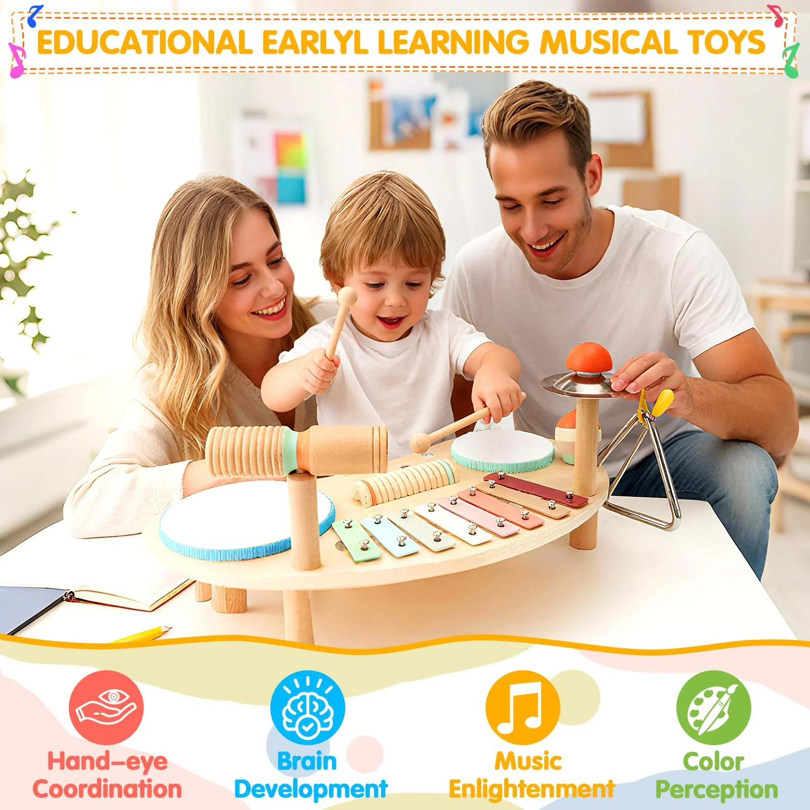 9 In 1 Kinder-Schlagzeug aus Holz, Kleinkinder Holz Xylophon Musikinstrumente, Pädagogisches Xylophon-Schlagzeug für Kinders, Festival und Geburtstagsgeschenke für Kinder von 3–6 Jahren - Image 6