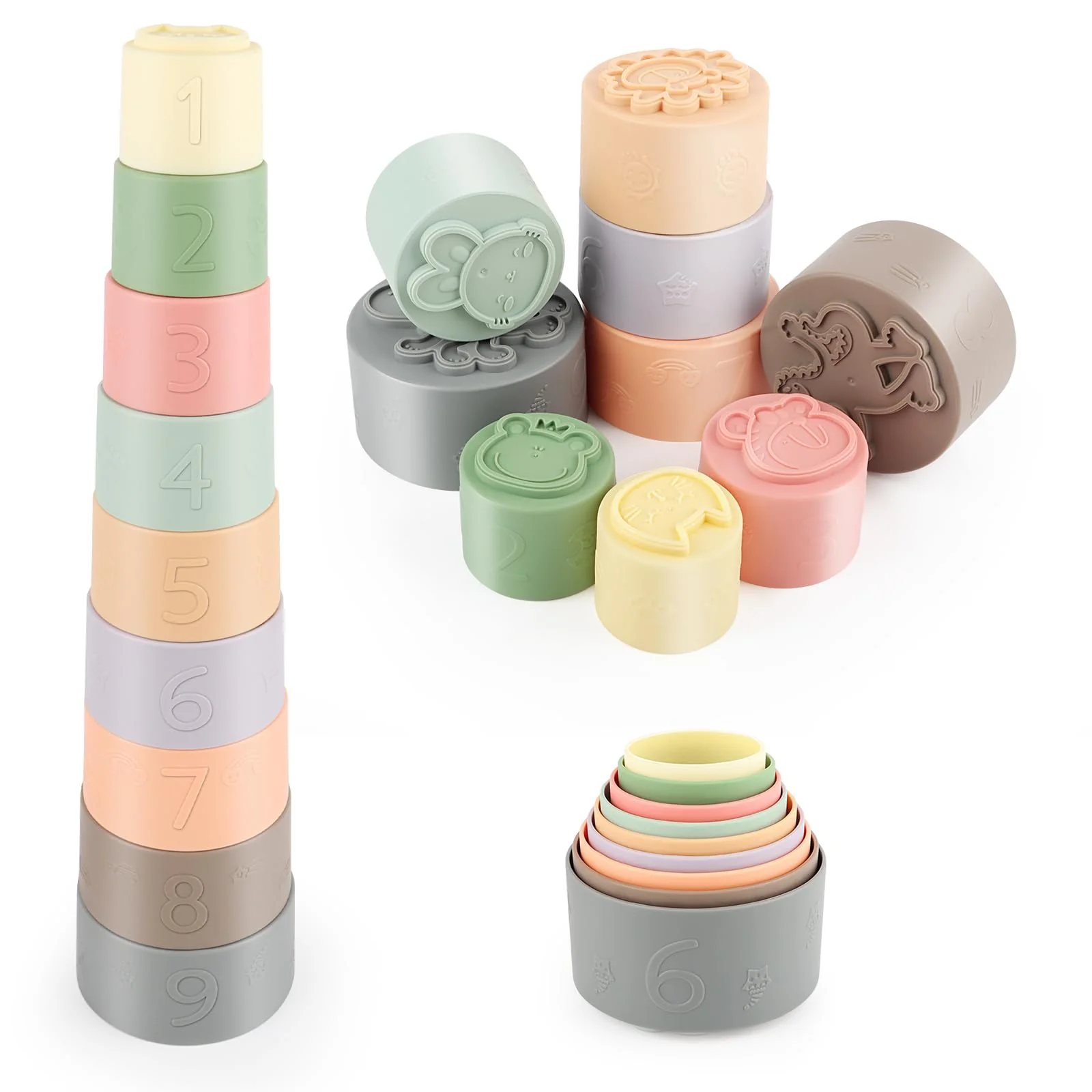 9 Stück Stapelbecher Baby Spielzeug für 3-6 Monate, Sensorik Stapelturm Lernspielzeug mit Zahlen und Farbe, Badespielzeug & Sandspielzeug Geschenk für 7 8 9 10 11 12 Monate 1 Jahr Jungen & Mädchen