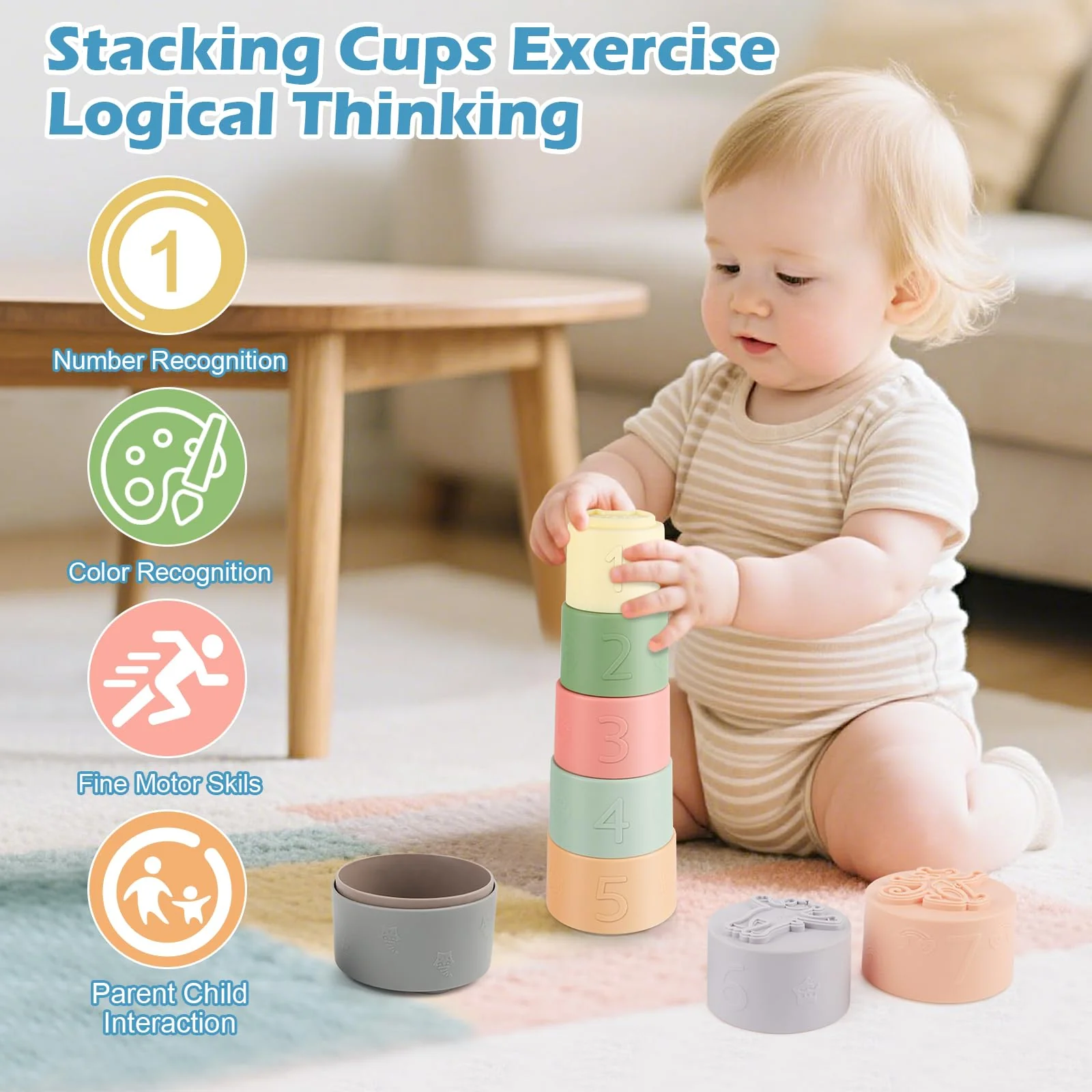 9 Stück Stapelbecher Baby Spielzeug für 3-6 Monate, Sensorik Stapelturm Lernspielzeug mit Zahlen und Farbe, Badespielzeug & Sandspielzeug Geschenk für 7 8 9 10 11 12 Monate 1 Jahr Jungen & Mädchen - Image 4