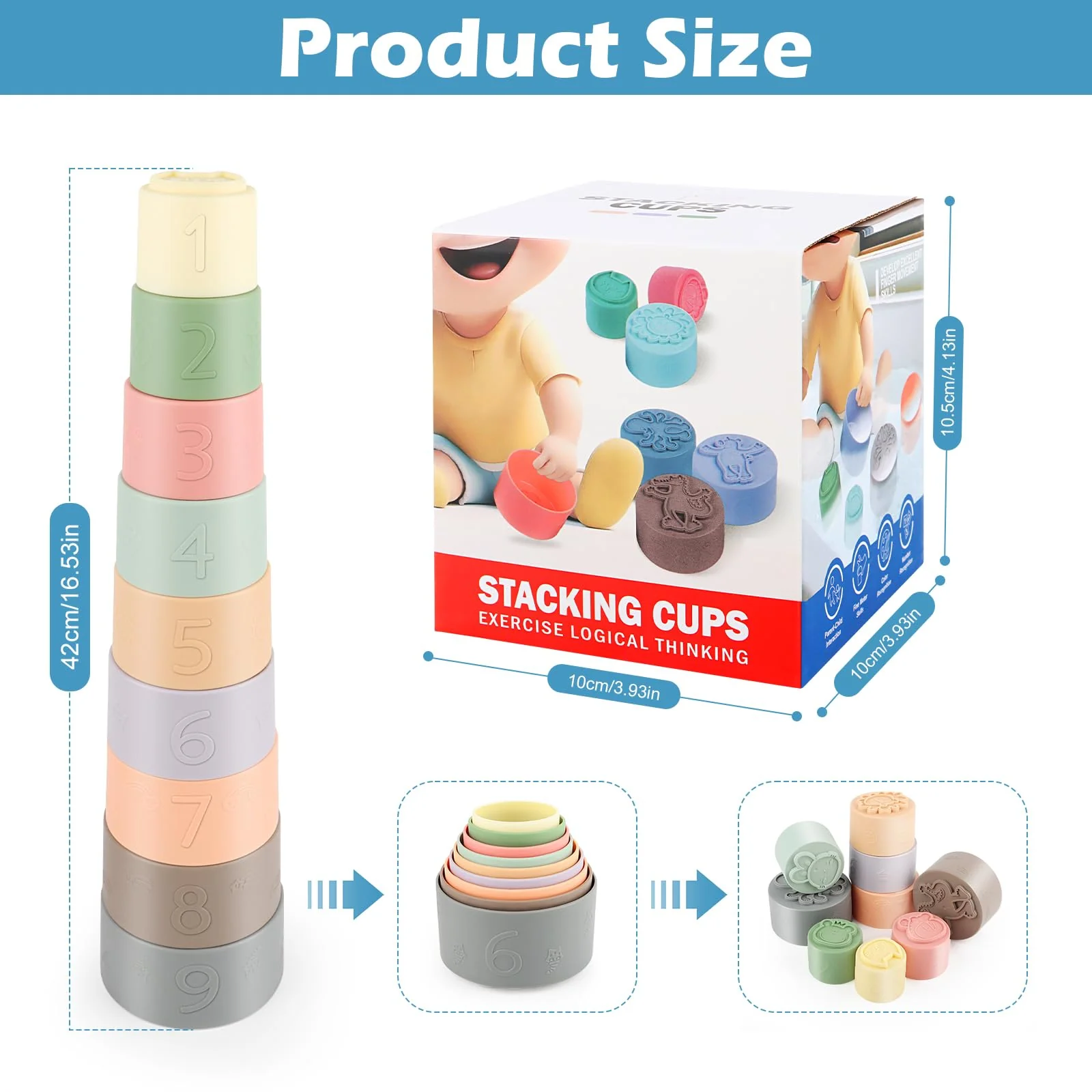 9 Stück Stapelbecher Baby Spielzeug für 3-6 Monate, Sensorik Stapelturm Lernspielzeug mit Zahlen und Farbe, Badespielzeug & Sandspielzeug Geschenk für 7 8 9 10 11 12 Monate 1 Jahr Jungen & Mädchen - Image 7