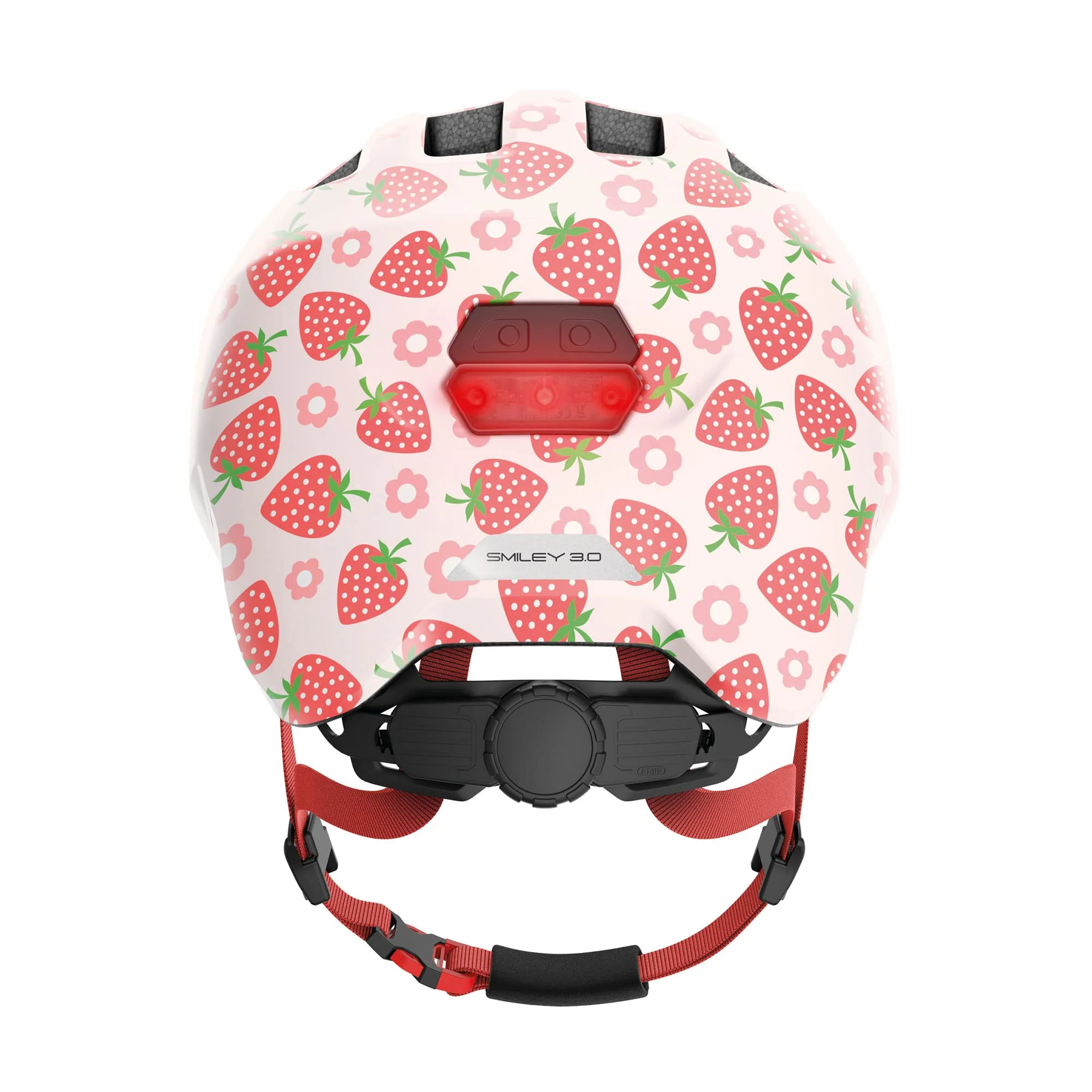 ABUS Kinderhelm Smiley 3.0 LED - Fahrradhelm mit Licht - tiefe Passform & Platz für einen Zopf - für Mädchen und Jungs - Rosa mit Erdbeer-Muster, Größe M