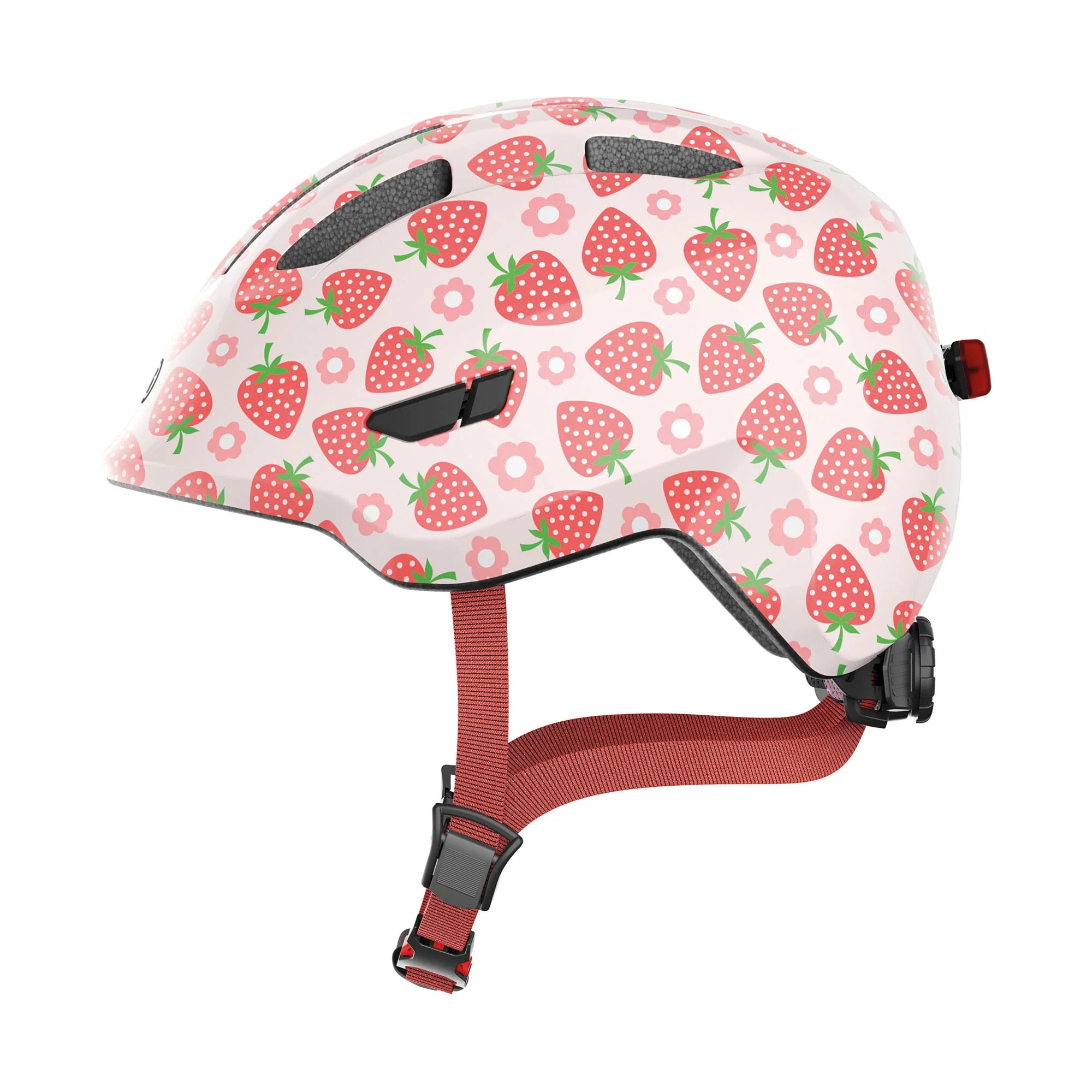 ABUS Kinderhelm Smiley 3.0 LED - Fahrradhelm mit Licht - tiefe Passform & Platz für einen Zopf - für Mädchen und Jungs - Rosa mit Erdbeer-Muster, Größe M - Image 4