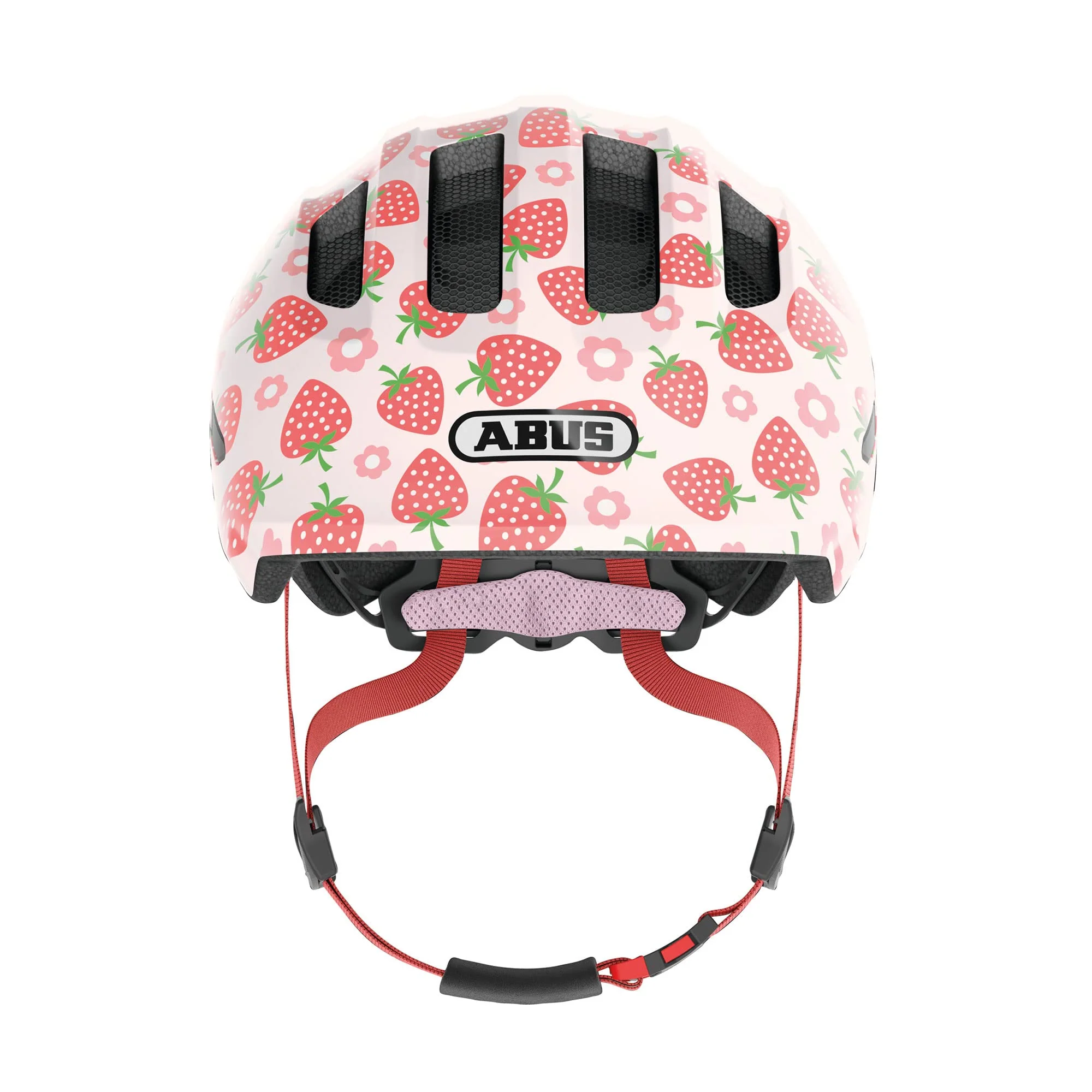 ABUS Kinderhelm Smiley 3.0 LED - Fahrradhelm mit Licht - tiefe Passform & Platz für einen Zopf - für Mädchen und Jungs - Rosa mit Erdbeer-Muster, Größe M - Image 5