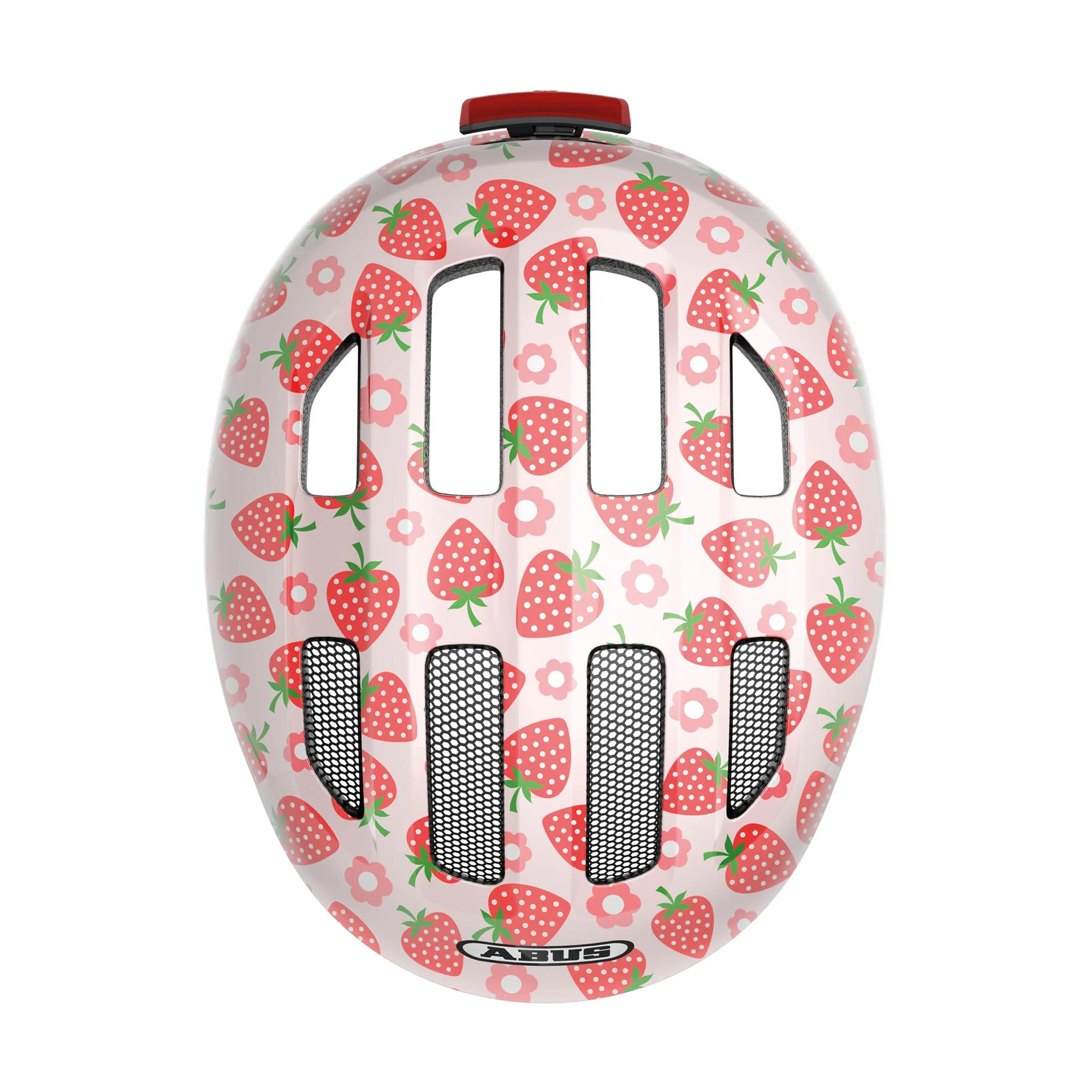 ABUS Kinderhelm Smiley 3.0 LED - Fahrradhelm mit Licht - tiefe Passform & Platz für einen Zopf - für Mädchen und Jungs - Rosa mit Erdbeer-Muster, Größe S, S (45-50 cm) - Image 3
