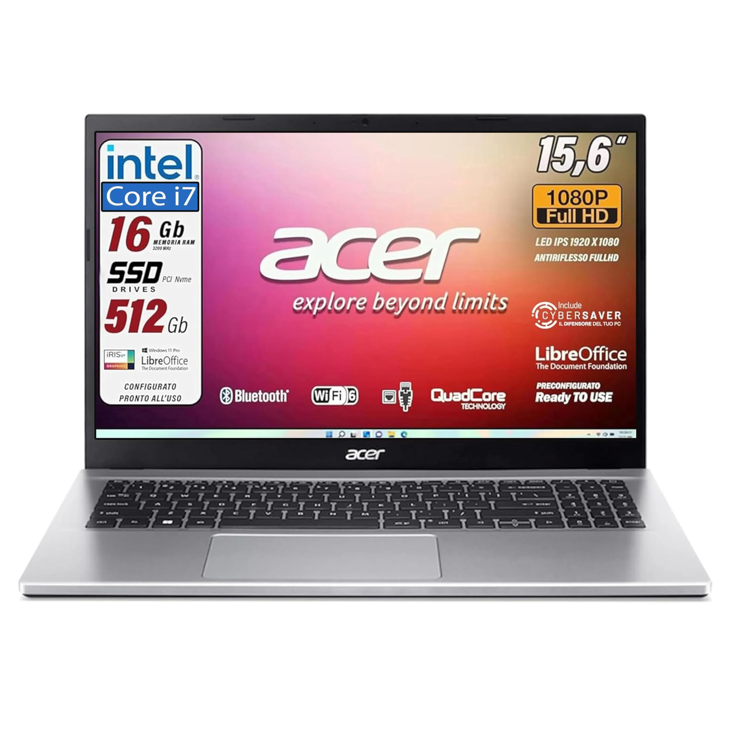 acer, Notebook Laptop einsatzbereit, IntelCore i5, Iris Xe Graphics, RAM DDR4 16 GB, SSD 512 GB, Display 15,6 Zoll FullHD LED, HDMI, USB 3.2, Lan, Win 11 Pro - Image 2