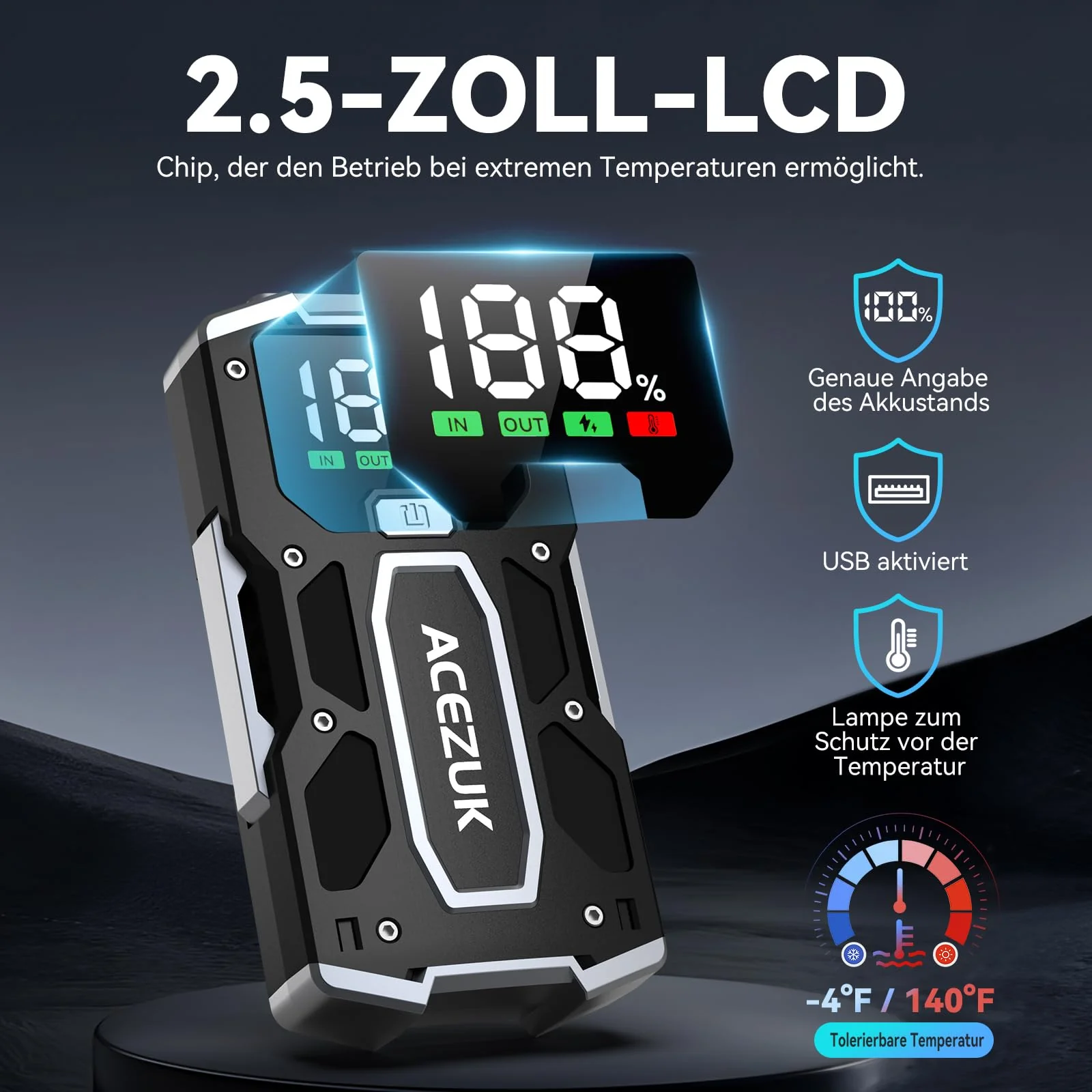 ACEZUK 5000A Starthilfe Powerbank 12V (Bis Zu 7,0L Benzin Oder 5,5L Diesel) Auto Starthilfe mit LED-Taschenlampe, großen Bildschirm, Jumper Bildschirm, Autobatterie Booster für SUV Motorrad Rasenmäher - Image 4