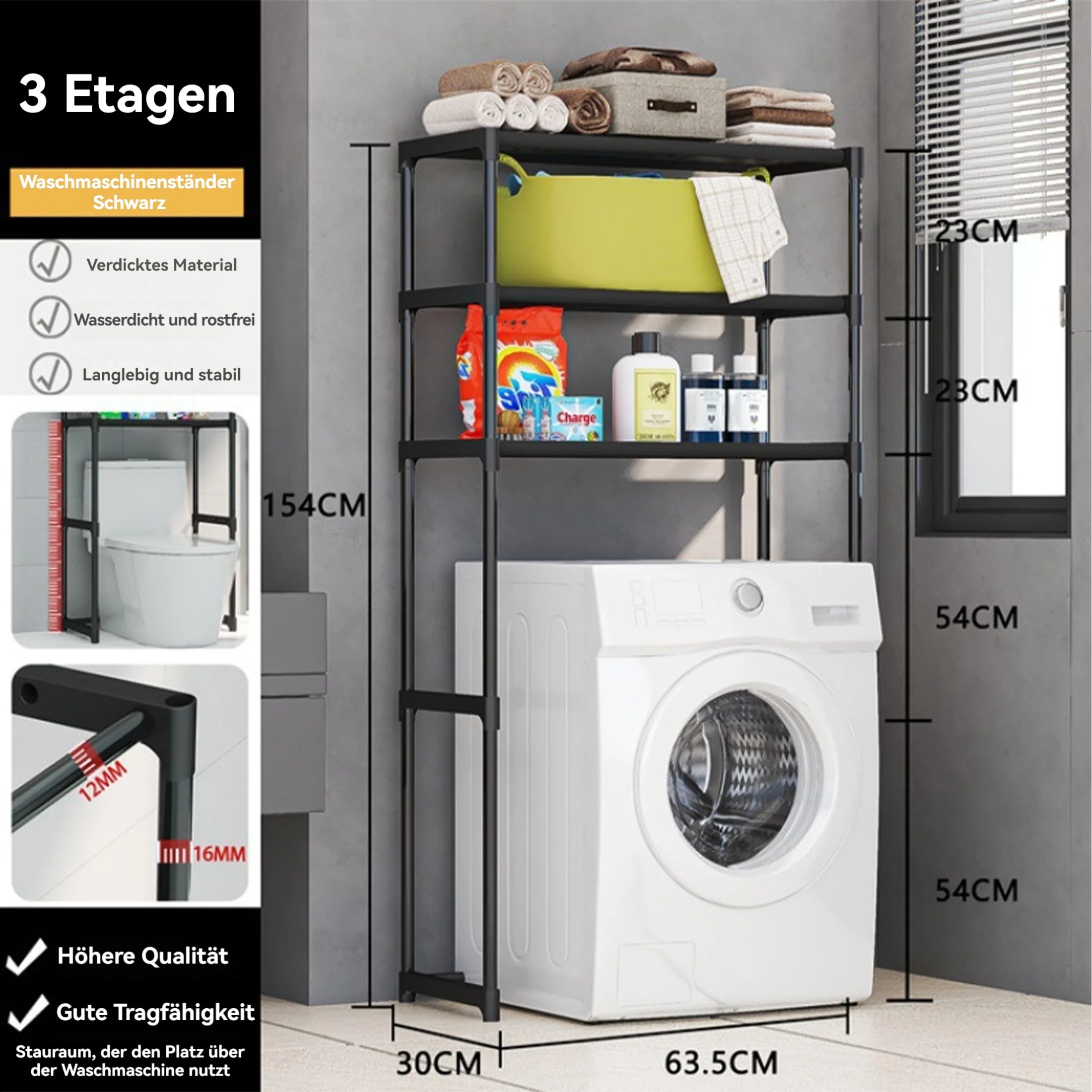 acfeco Waschmaschinenregal mit 3 Ablagen, Waschmaschinen Regal, Badezimmerregal, Regal über Waschmaschine Toilette, Badregal, WC Regal Platzsparender(Schwarz) - Image 6