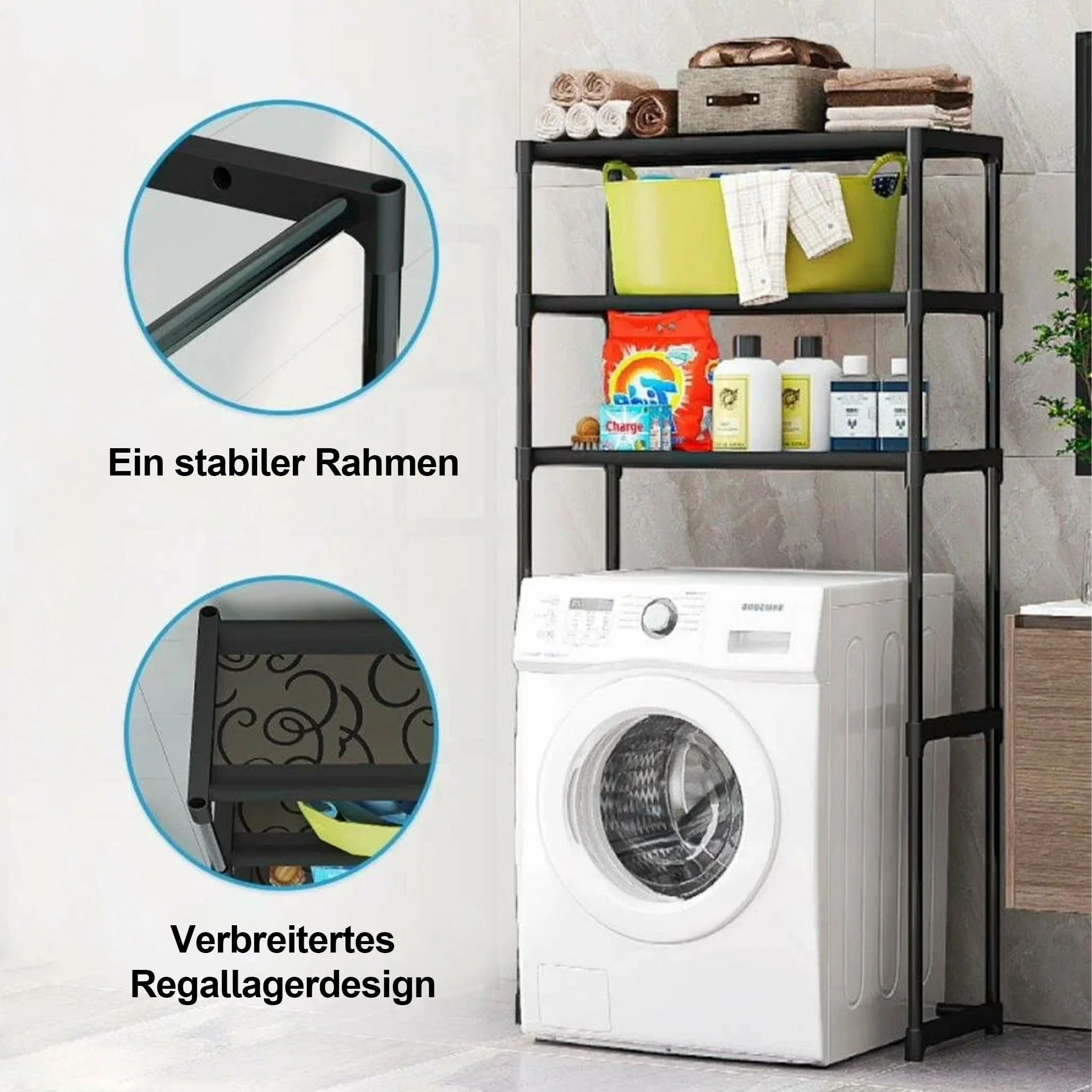 acfeco Waschmaschinenregal mit 3 Ablagen, Waschmaschinen Regal, Badezimmerregal, Regal über Waschmaschine Toilette, Badregal, WC Regal Platzsparender(Schwarz) - Image 7