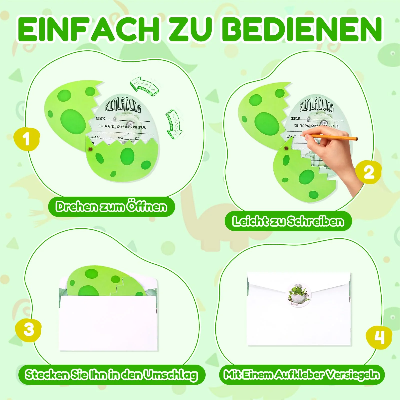 Acsatont Dinosaurier Einladungskarten Kindergeburtstag Jungs Mädchen, 12 Deutsche Einladungskarten 12 Umschläge, Einladungskarte Geburtstag Junge Madchen Partyeinladungen Einladungen Kinder - Image 6
