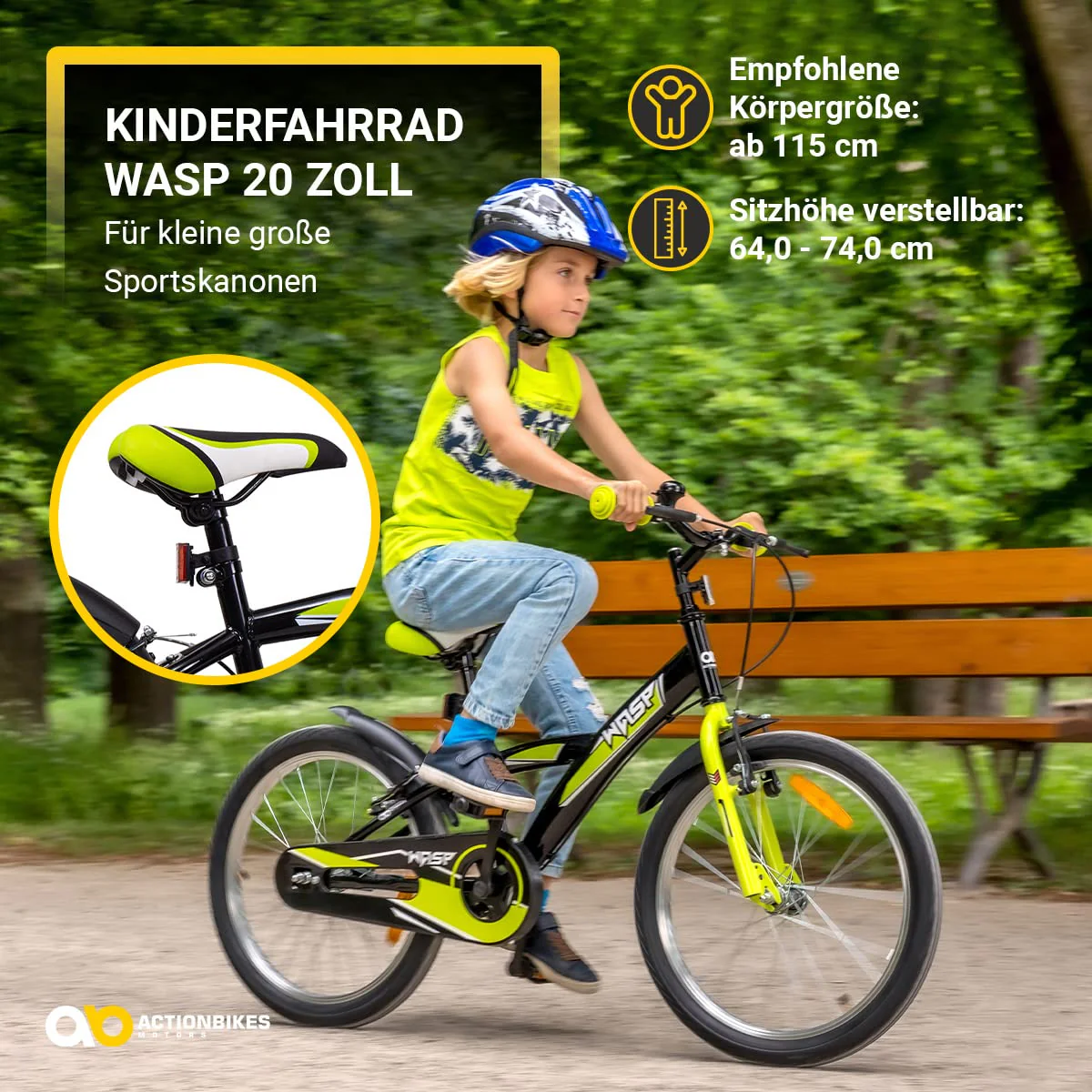 Actionbikes Kinderfahrrad Wasp - 1 Gang - ohne Schaltung - Fahrrad 20 Zoll für Jungen und Mädchen - Von 6-9 Jahren - V-Brakes vorne und hinten - Trapez-Rahmen - Kettenschutz (Schwarz Grün) - Image 3