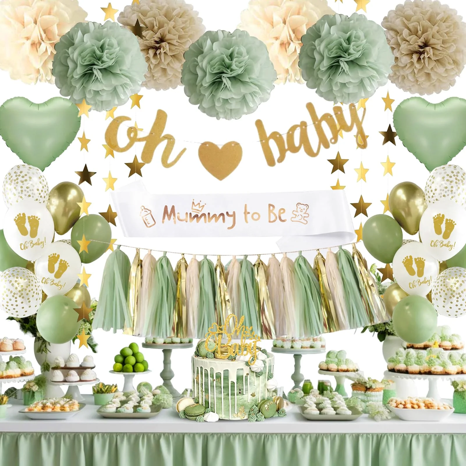 adaziau Dekoration für Babyparty, Jungen, Mädchen, Grün, Oh Baby, Buchstabe, Banner, Konfetti-Ballons, Entdeckung des Geschlechts, neutral
