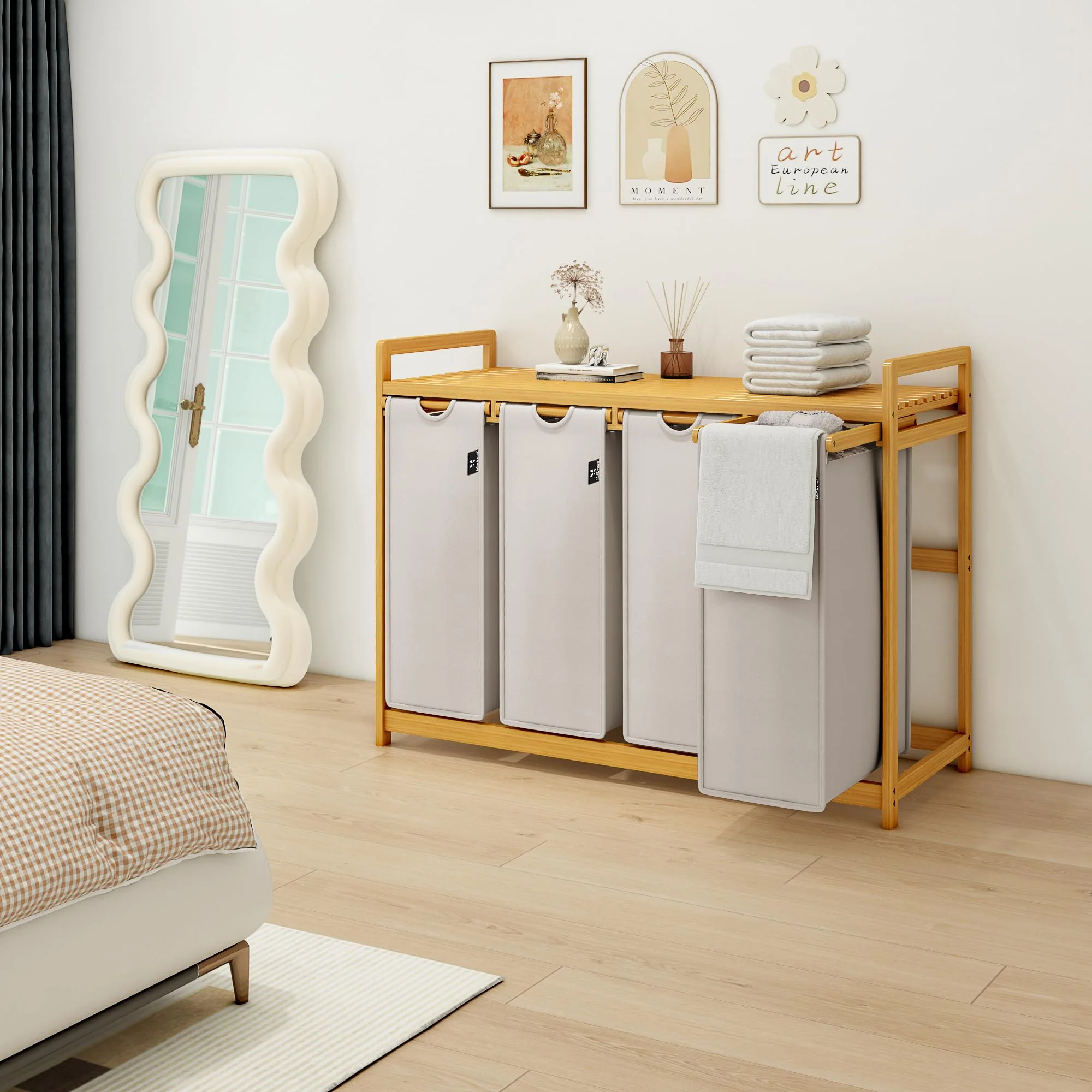 AdelDream Premium Wäschekorb 200L – 4 Fächer, ausziehbarer & abnehmbarer Wäschesack mit Bambusrahmen, Hellgrau – Wäschesammler & Wäschebox für Badezimmer & Schlafzimmer - Image 2