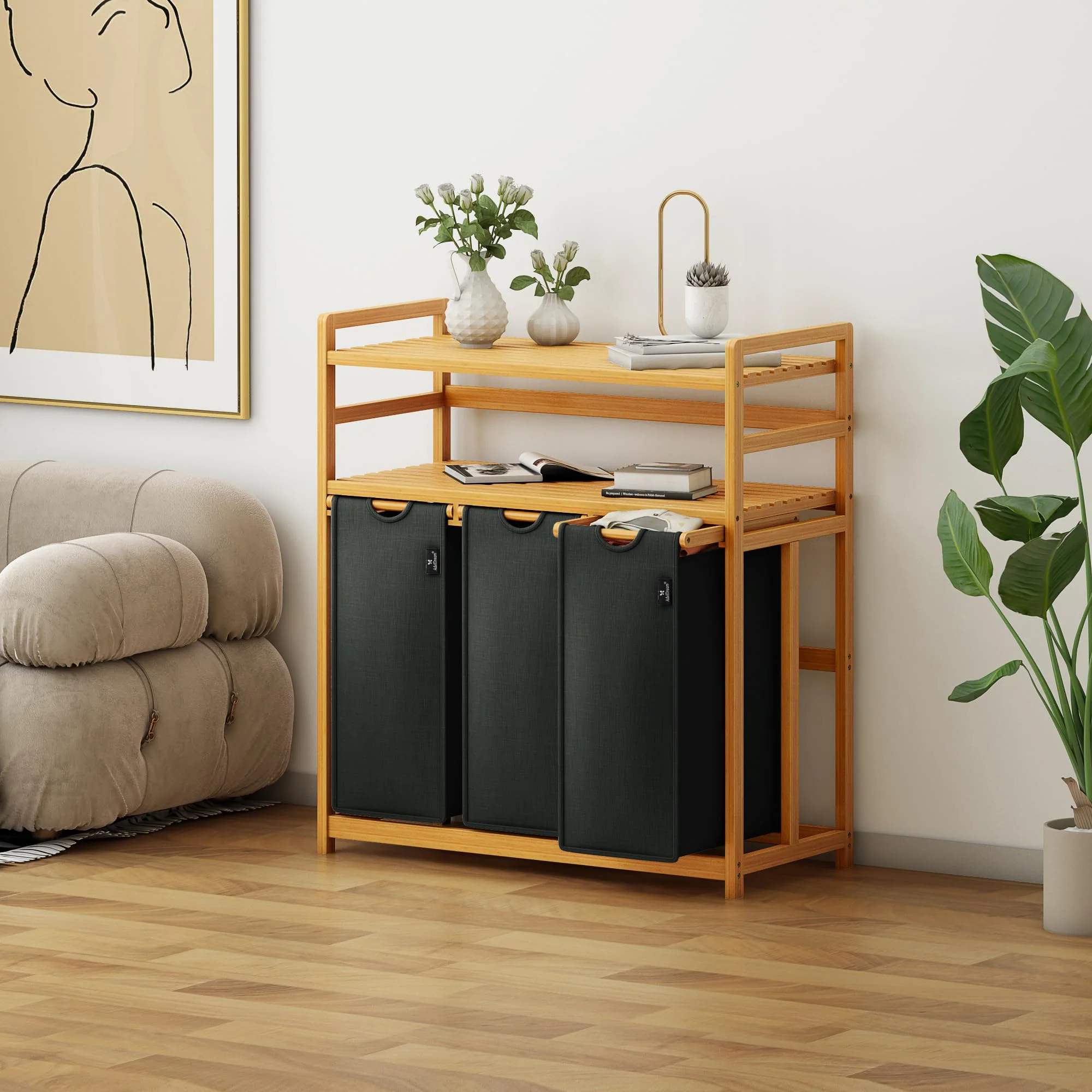 AdelDream Wäschekorb 150L 3 Fächer 2 Regale ausziehbarer und abnehmbarer Wäschesack Wäschesammler Bambusrahmen Wäscheboxen laundry baskets Wäschesortierer Bambus - Image 2