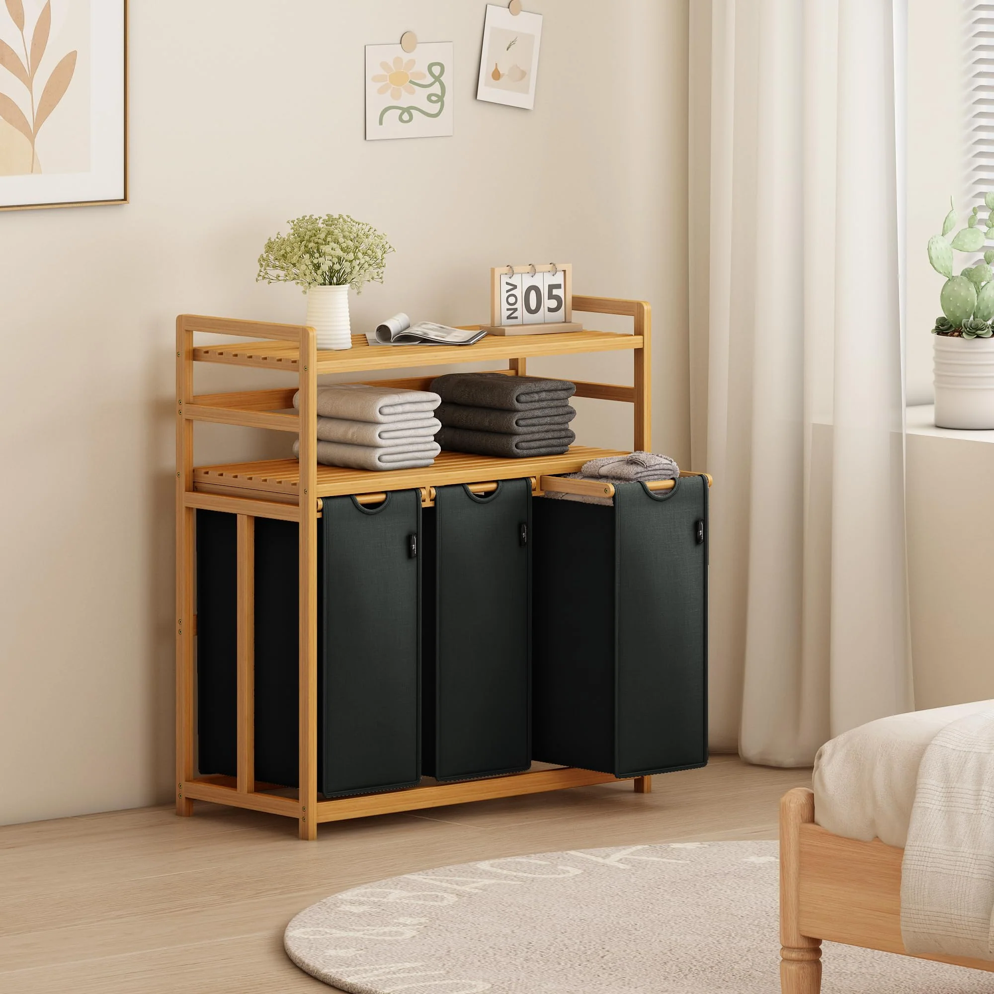 AdelDream Wäschekorb 150L 3 Fächer 2 Regale ausziehbarer und abnehmbarer Wäschesack Wäschesammler Bambusrahmen Wäscheboxen laundry baskets Wäschesortierer Bambus - Image 5