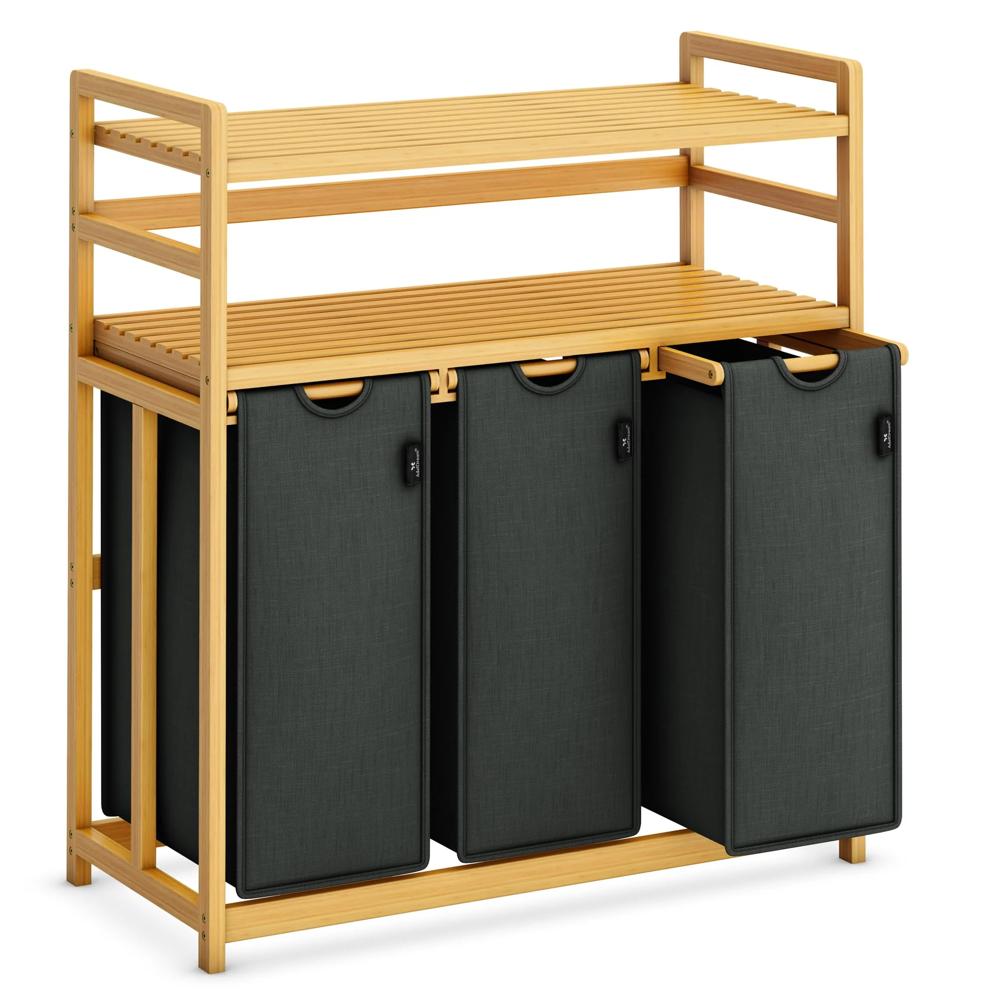 AdelDream Wäschekorb 150L 3 Fächer 2 Regale ausziehbarer und abnehmbarer Wäschesack Wäschesammler Bambusrahmen Wäscheboxen laundry baskets Wäschesortierer Bambus - Image 6