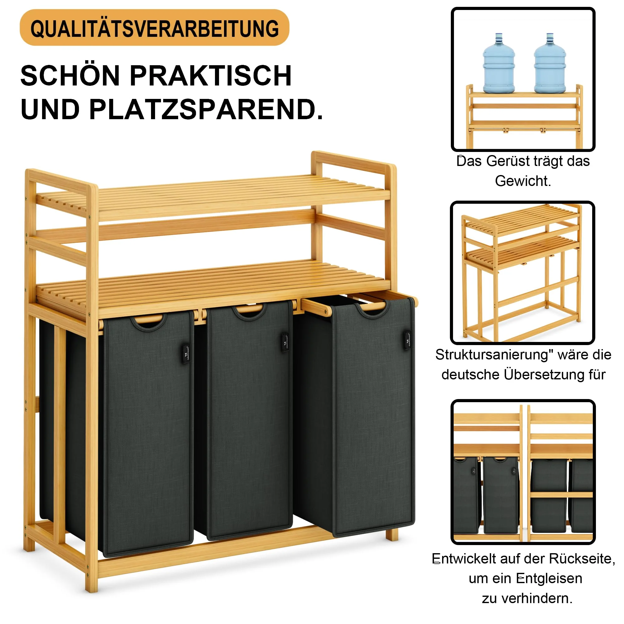 AdelDream Wäschekorb 150L 3 Fächer 2 Regale ausziehbarer und abnehmbarer Wäschesack Wäschesammler Bambusrahmen Wäscheboxen laundry baskets Wäschesortierer Bambus - Image 7