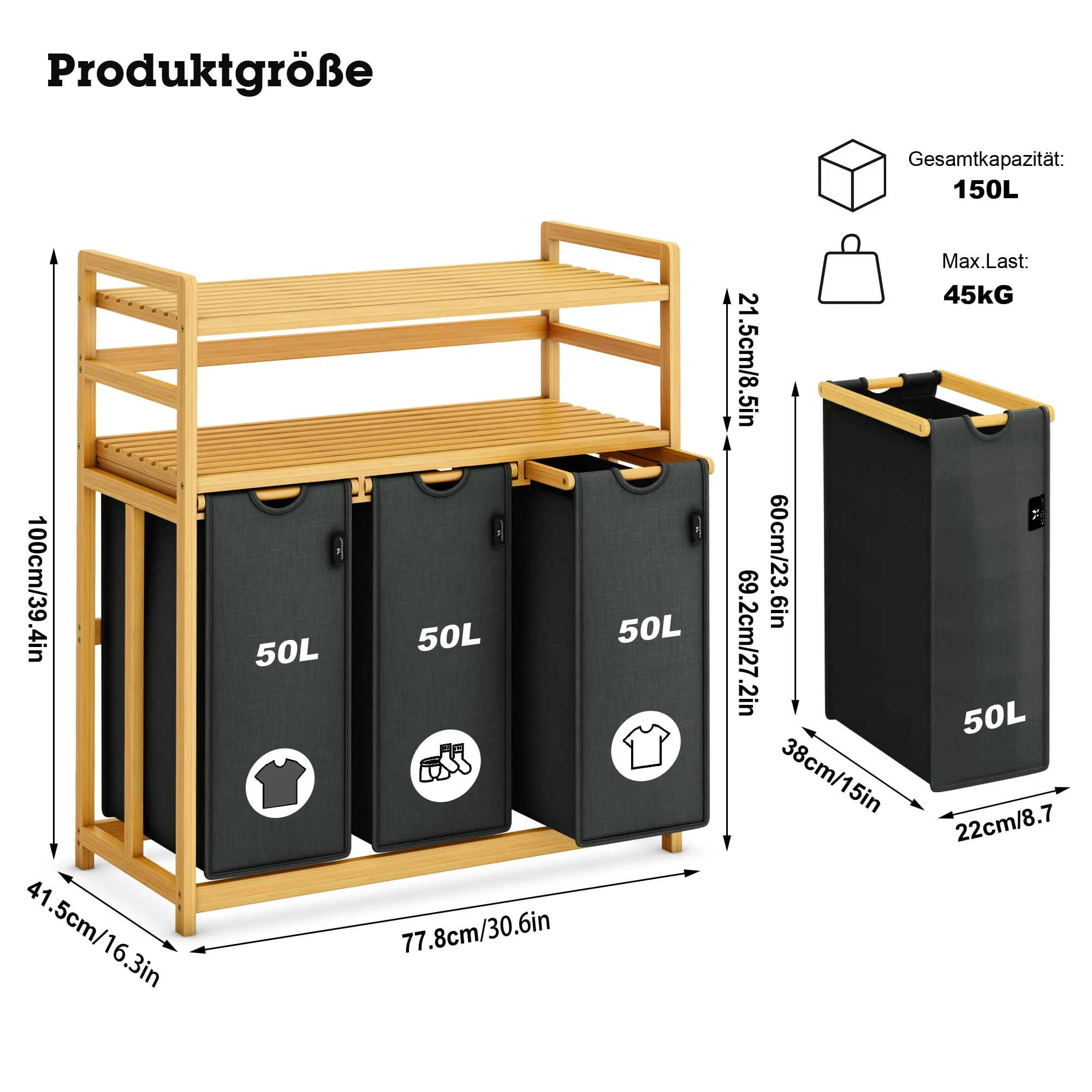 AdelDream Wäschekorb 150L 3 Fächer 2 Regale ausziehbarer und abnehmbarer Wäschesack Wäschesammler Bambusrahmen Wäscheboxen laundry baskets Wäschesortierer Bambus - Image 8