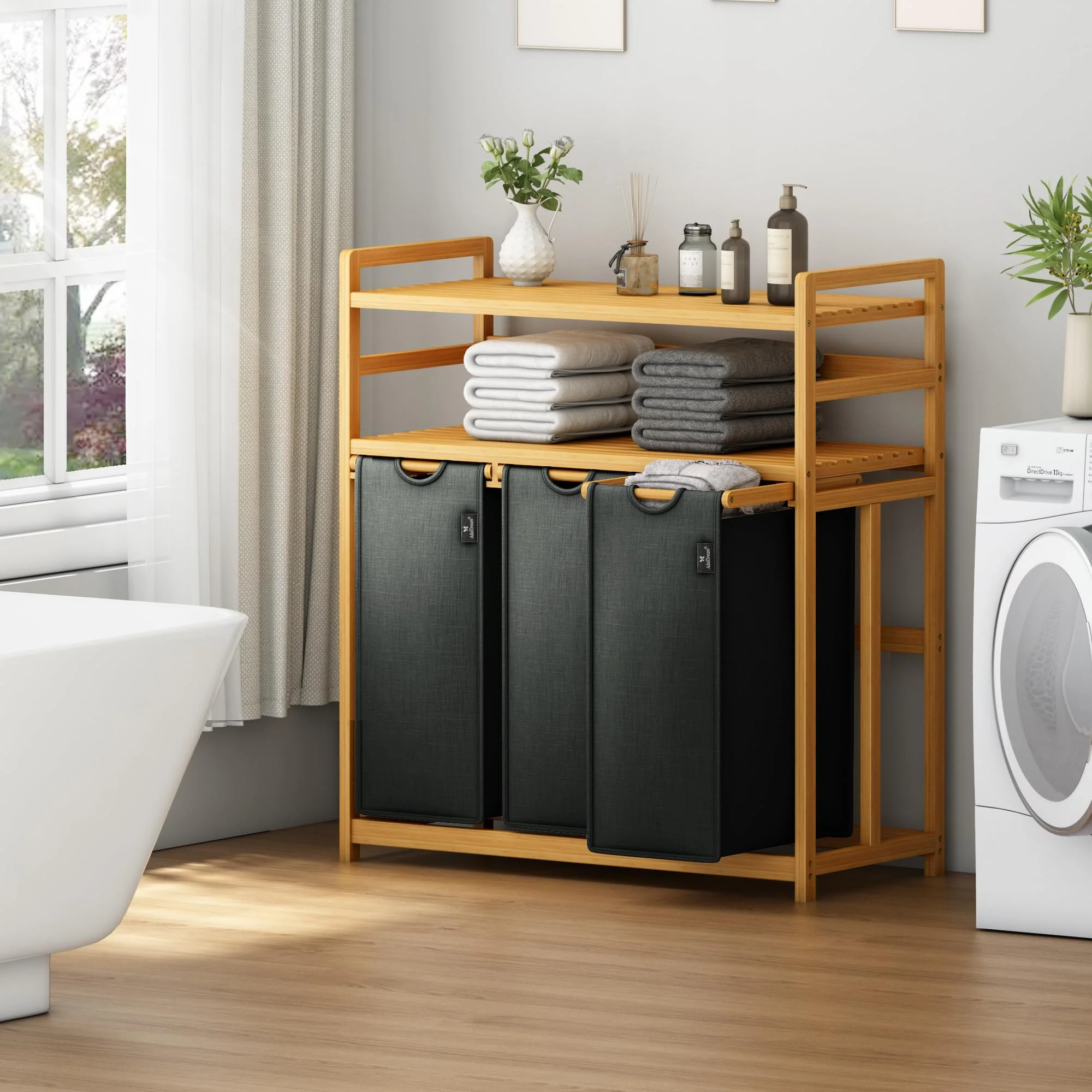 AdelDream Wäschekorb 150L 3 Fächer 2 Regale ausziehbarer und abnehmbarer Wäschesack Wäschesammler Bambusrahmen Wäscheboxen laundry baskets Wäschesortierer Bambus - Image 9