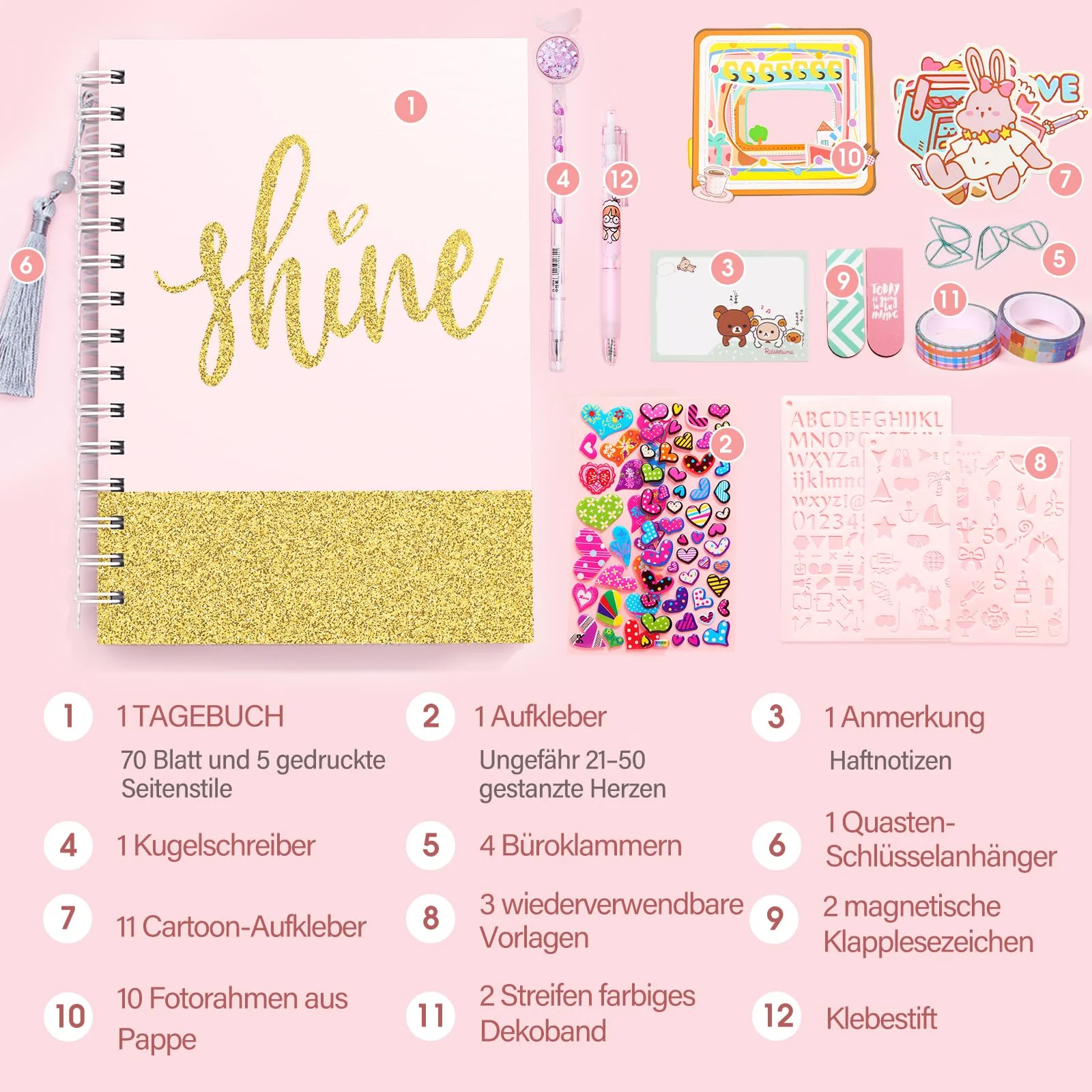 ADUSRIZ DIY Tagebuch Geschenkset für Mädchen, Geschenk Mädchen 8 9 10 11 12 13 14 Jahre, Basteln Mädchen und Scrapbook Set, Kreative Geschenke für Teenager Mädchen 8-14 Jahre - Image 8