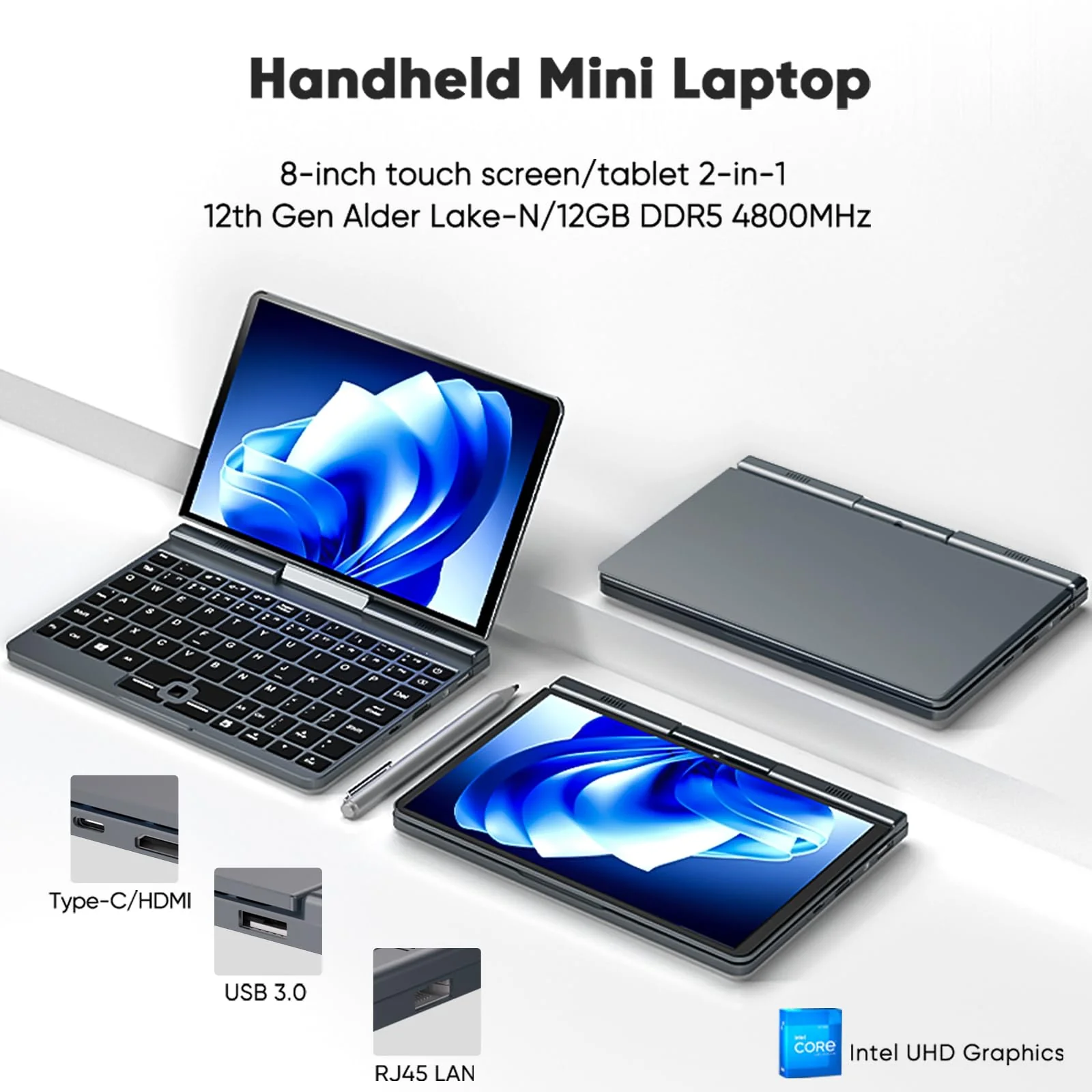 AdvanElink 8 Zoll Mini Laptop InteI N100, 12GB DDR5 1TB SSD, tragbarer Handheld-PC Win11 Pro, Touchscreen mit Stylus-Stift, WiFi6/Kamera/PD-Ladung - Image 8