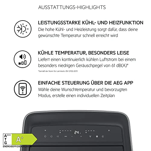 AEG Comfort 6000 AXP26U559HW mobiles Klimagerät/LED Display/Touch-Bedienung / 30-40 m² / 61 dB(A) / Kühlen/Heizen/Ventilator/Entfeuchtungsfunktion/Automatik/App-Steuerung/weiß/schwarz - Image 4