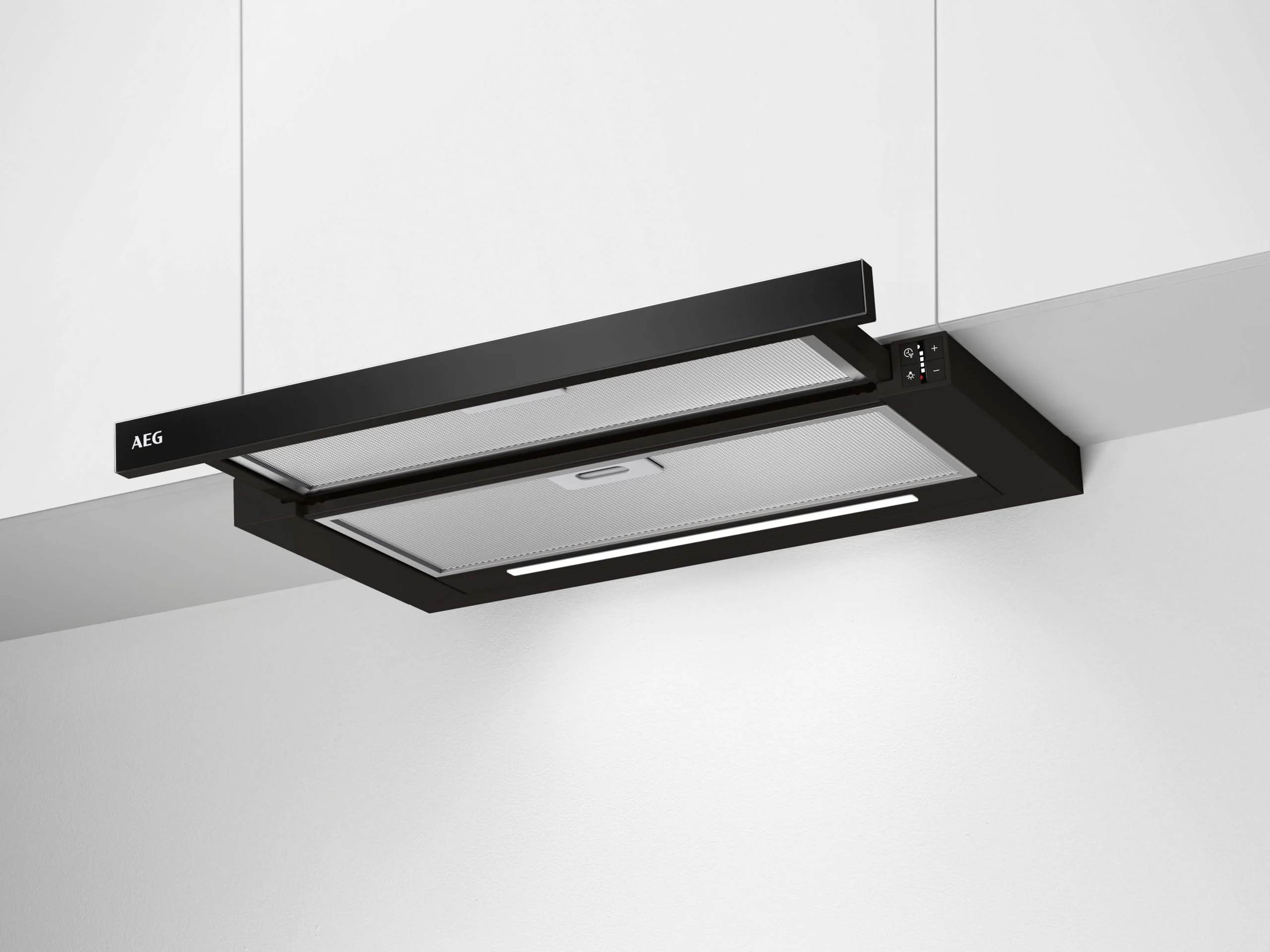 AEG DPE5660B Flachschirm-Dunstabzugshaube – Abluft oder Umluft – max. 600 m³/h im Abluftbetrieb mit max. 68 dB(A) – Energiekl. A – LED-Beleuchtung – Druck-Tasten – Schwarz - Image 12
