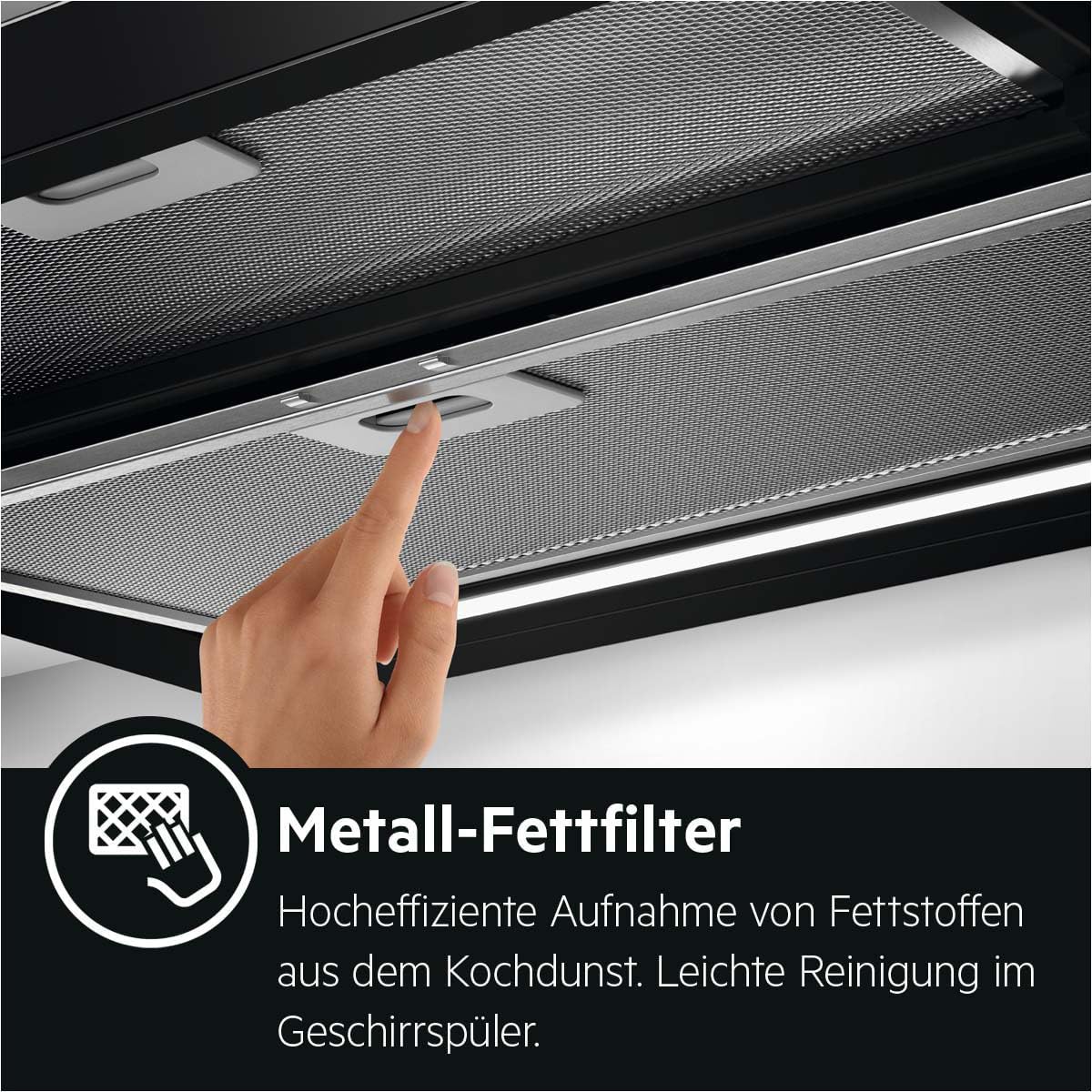 AEG DPE5660B Flachschirm-Dunstabzugshaube – Abluft oder Umluft – max. 600 m³/h im Abluftbetrieb mit max. 68 dB(A) – Energiekl. A – LED-Beleuchtung – Druck-Tasten – Schwarz - Image 3