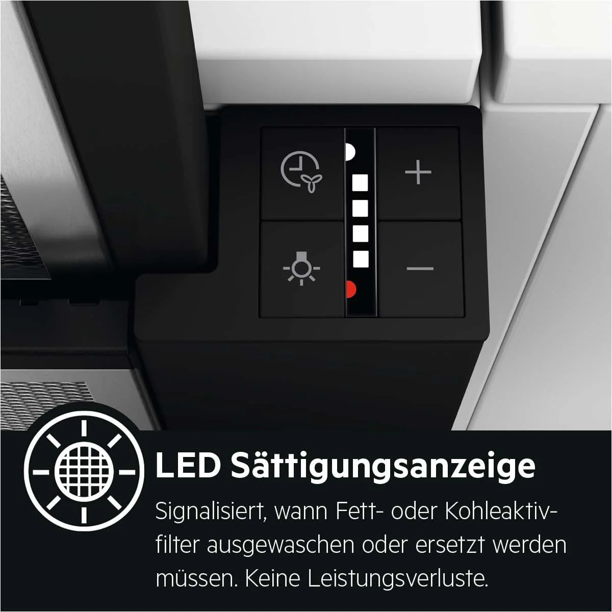 AEG DPE5660B Flachschirm-Dunstabzugshaube – Abluft oder Umluft – max. 600 m³/h im Abluftbetrieb mit max. 68 dB(A) – Energiekl. A – LED-Beleuchtung – Druck-Tasten – Schwarz - Image 5