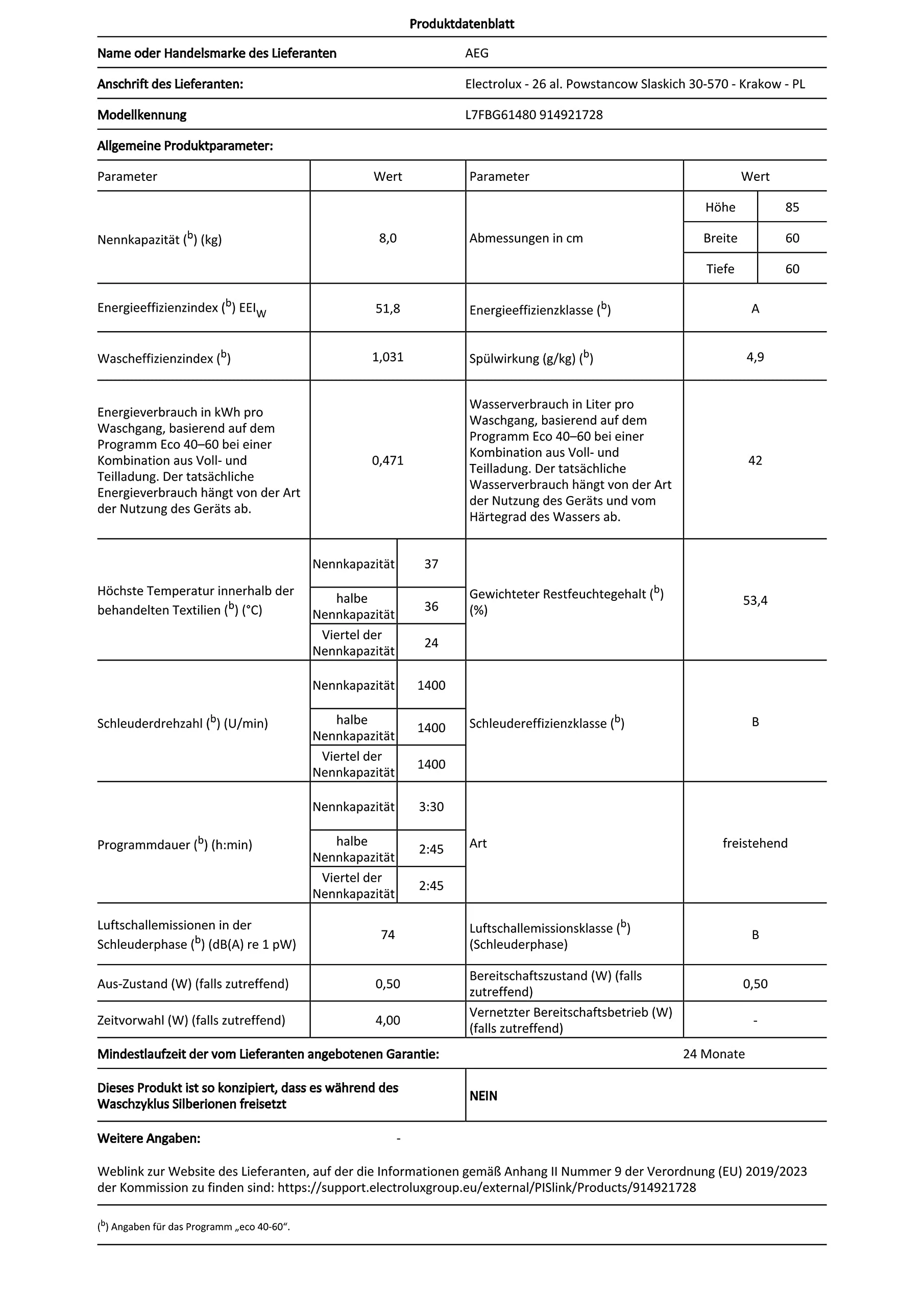 AEG L7FBG61480 Waschmaschine / ProSteam - Auffrischfunktion / 8,0 kg / Leise / Mengenautomatik / Nachlegefunktion / Kindersicherung / Wasserstopp / 1400 U/min - Image 18