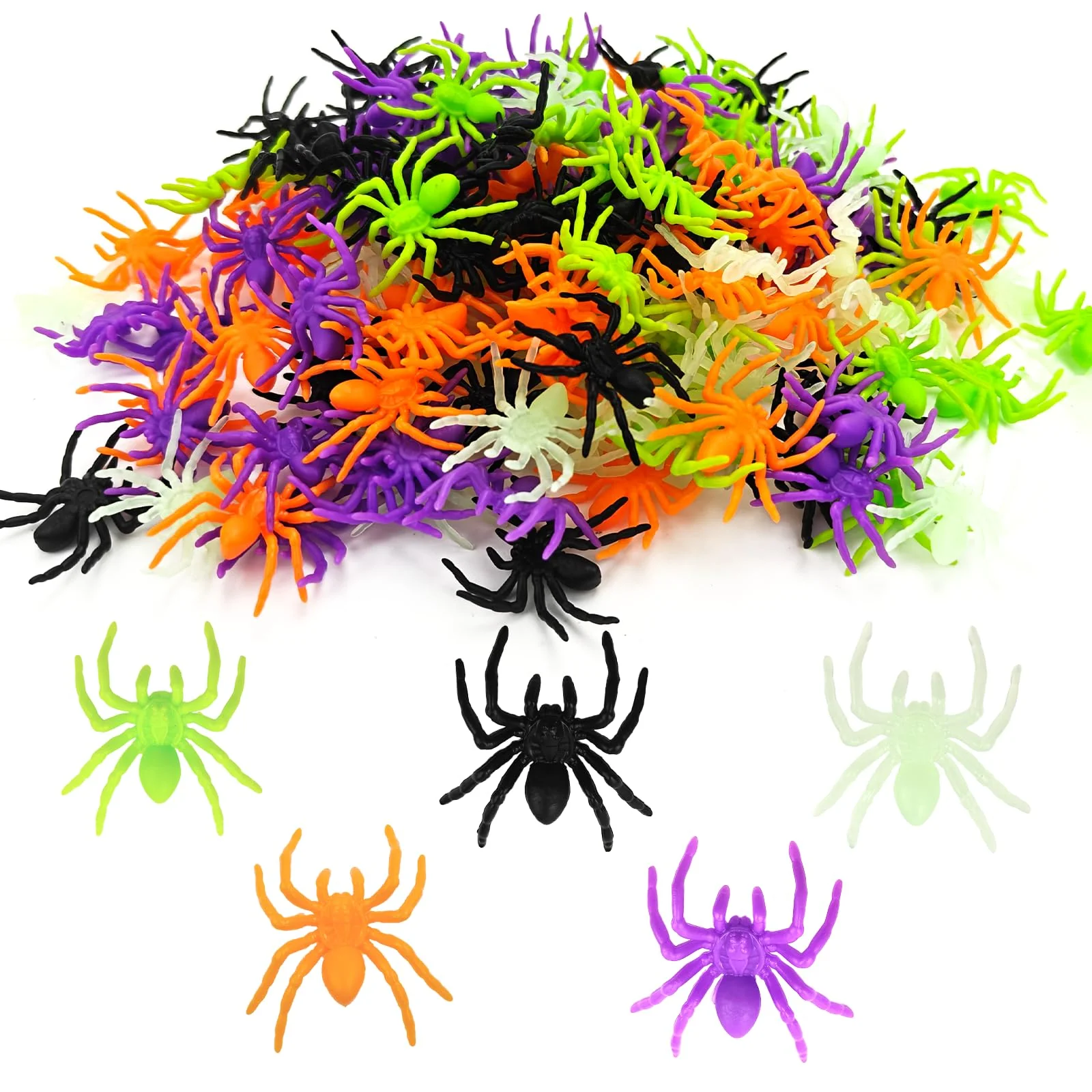Affivia 150 Stück Plastik Spinnen Halloween Deko 3,3×3,5cm, 5 Farben Spinne Deko,Plastikspinne Klein,Grusel Plastikspinnen Halloween Streudeko Tischdeko, Scherzartikel Fake Spinnen für Helloween Party