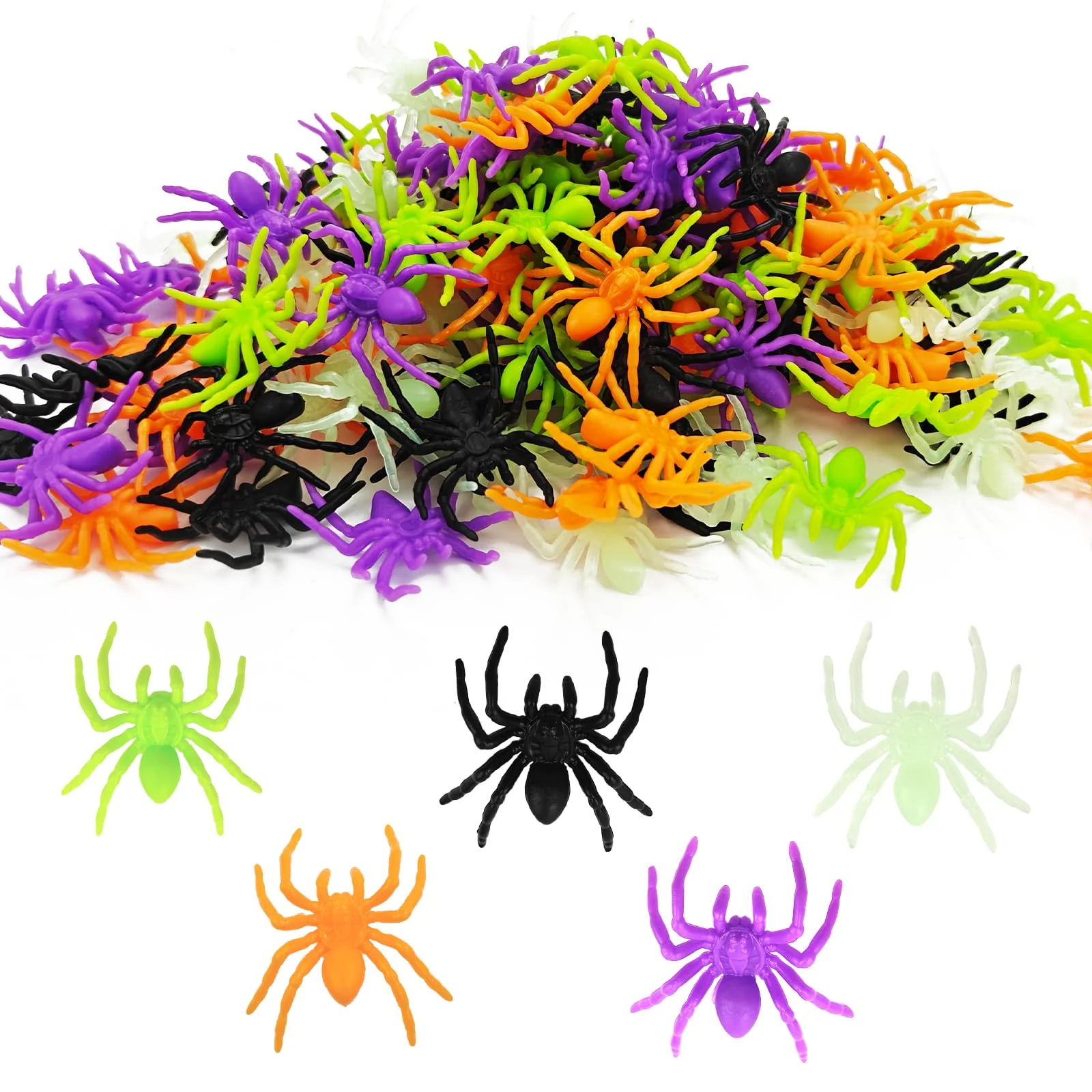 Affivia 150 Stück Plastik Spinnen Halloween Deko 3,3×3,5cm, 5 Farben Spinne Deko,Plastikspinne Klein,Grusel Plastikspinnen Halloween Streudeko Tischdeko, Scherzartikel Fake Spinnen für Helloween Party - Image 8