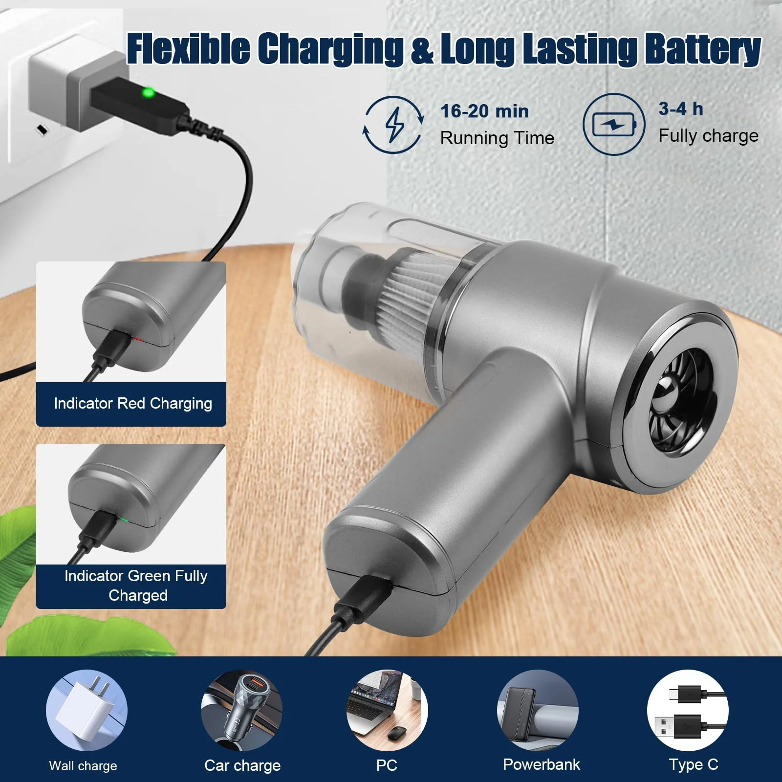 AGARELE Handstaubsauger 12000Pa Auto Staubsauger USB-C Wiederaufladbarer Akku Handstaubsauger Kabellos 4 in 1 Mini Staubsauger für den Auto, Haus, Küche Grau - Image 5