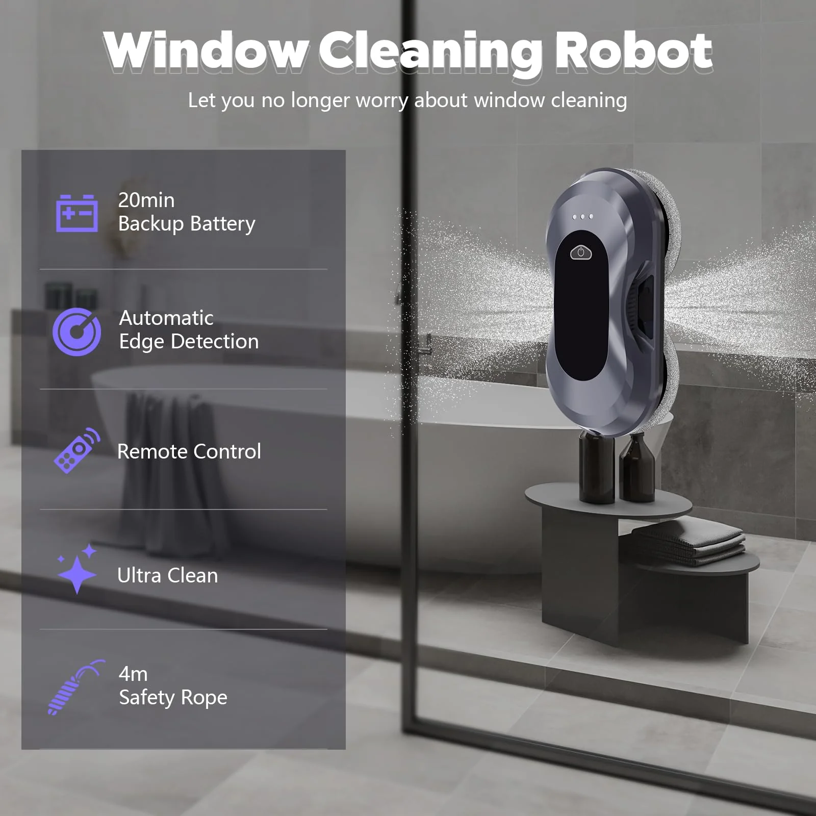 AHWOiHS Fensterputzroboter, Fensterputzer Elektrisch Automatischer Fensterroboter mit Wassersprühfunktion in Zwei Richtungen Fensterreinigungsroboter Fensterreiniger Roboter für Große Außenfenster - Image 2