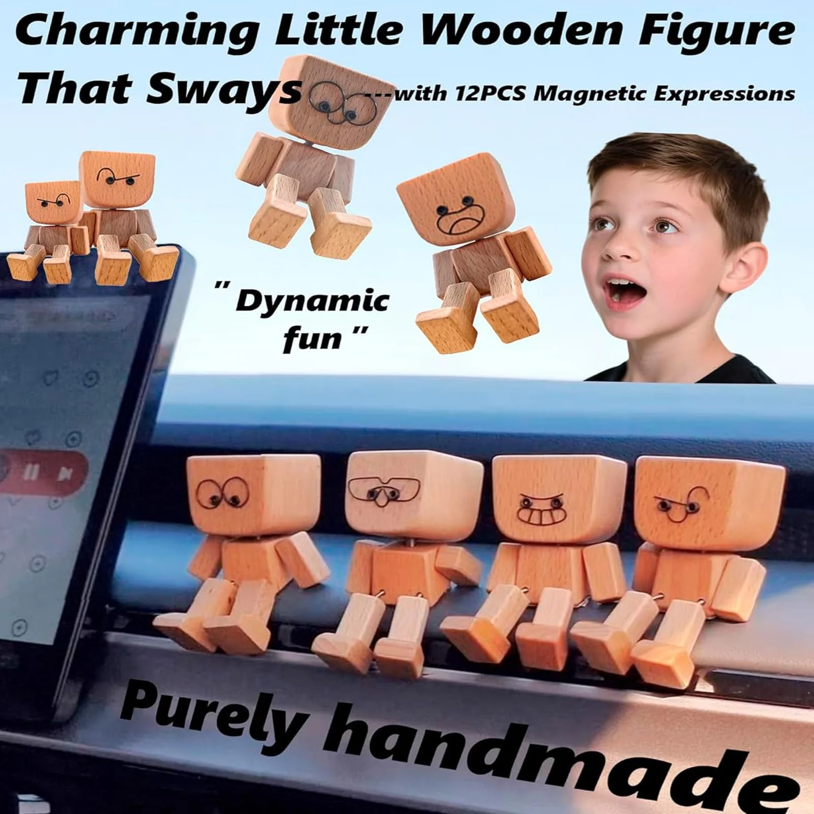 AIDODIA Wackelnder Holzman- Holzfigur WackelfüßE, Holz Wackelfigur - Holzfigur Auto, WackelmäNnchen Holz Mit 12 Magnetischen GesichtsausdrüCken, Holzfigurs Beweglich -Wackel-Auto-Ornament (2 PCS) - Image 7