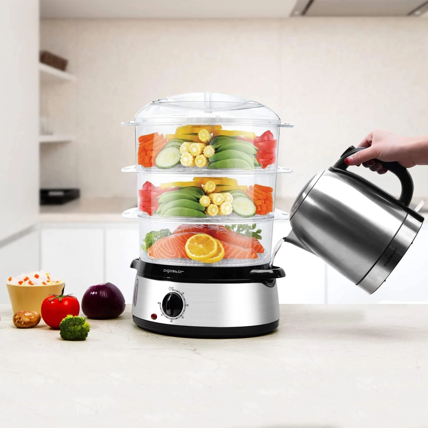 Aigostar Dampfgarer mit Timer 9L, 3-Etagen Stapelkörbe Reisschale, 800W Dampfgarer Elektrisch, automatische Abschaltung, Edelstahl BPA frei, silber/schwarz. EINWEGVERPACKUNG. - Image 3