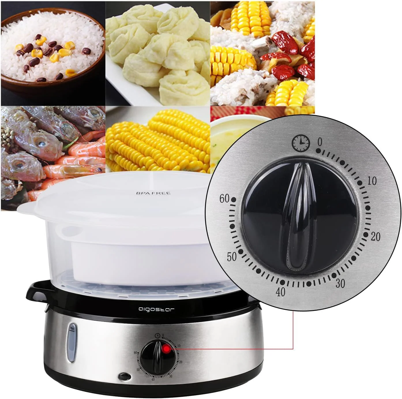 Aigostar Dampfgarer mit Timer 9L, 3-Etagen Stapelkörbe Reisschale, 800W Dampfgarer Elektrisch, automatische Abschaltung, Edelstahl BPA frei, silber/schwarz. EINWEGVERPACKUNG. - Image 5