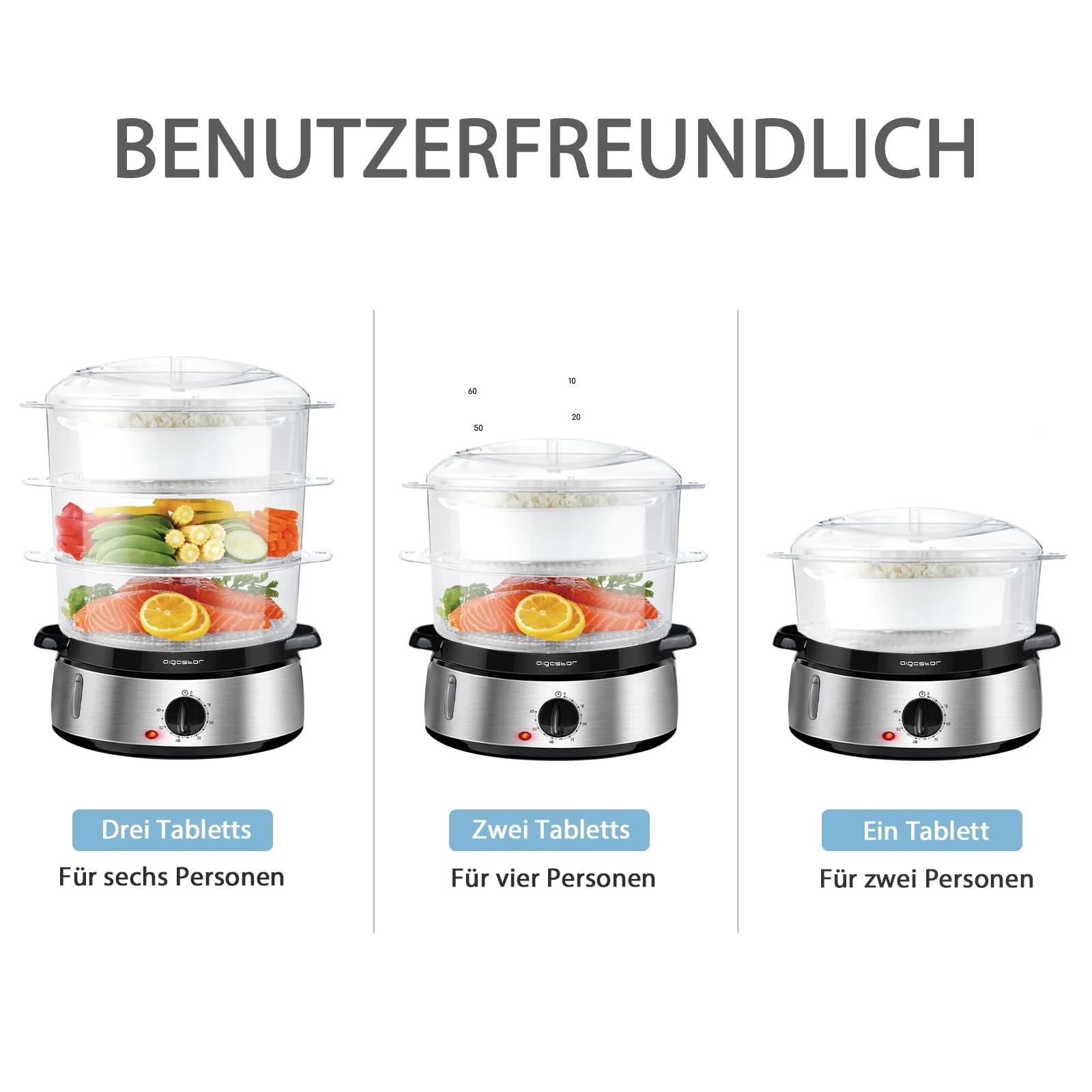 Aigostar Dampfgarer mit Timer 9L, 3-Etagen Stapelkörbe Reisschale, 800W Dampfgarer Elektrisch, automatische Abschaltung, Edelstahl BPA frei, silber/schwarz. EINWEGVERPACKUNG. - Image 8