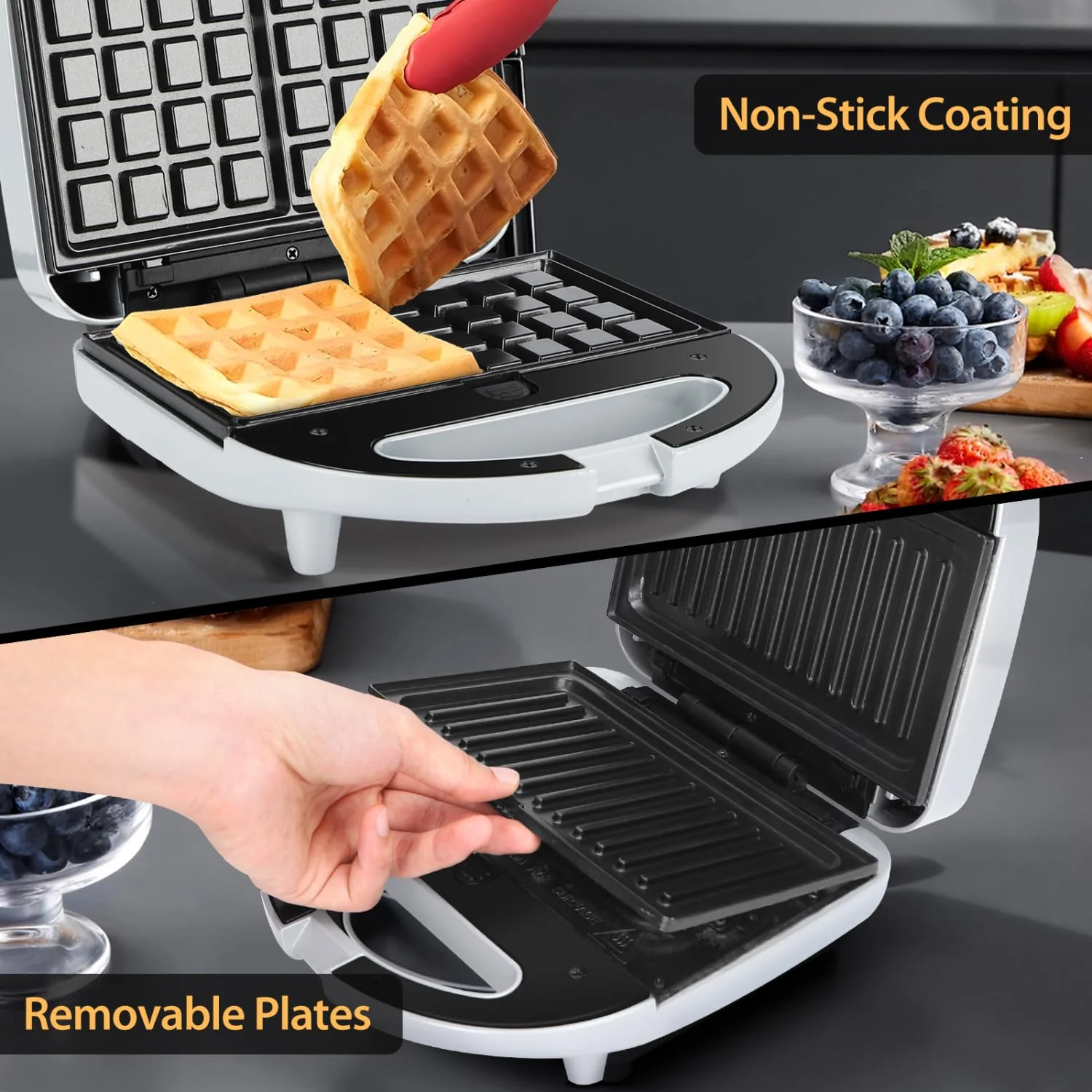 Aigostar Sandwich maker 3 in 1, Sandwich Maker, Kontaktgrill, Waffeleisen 3 in 1, 750W, Antihaftbeschichtete abnehmbare Platten, wärmeisolierter Griffe, Grau, Grace - Image 3