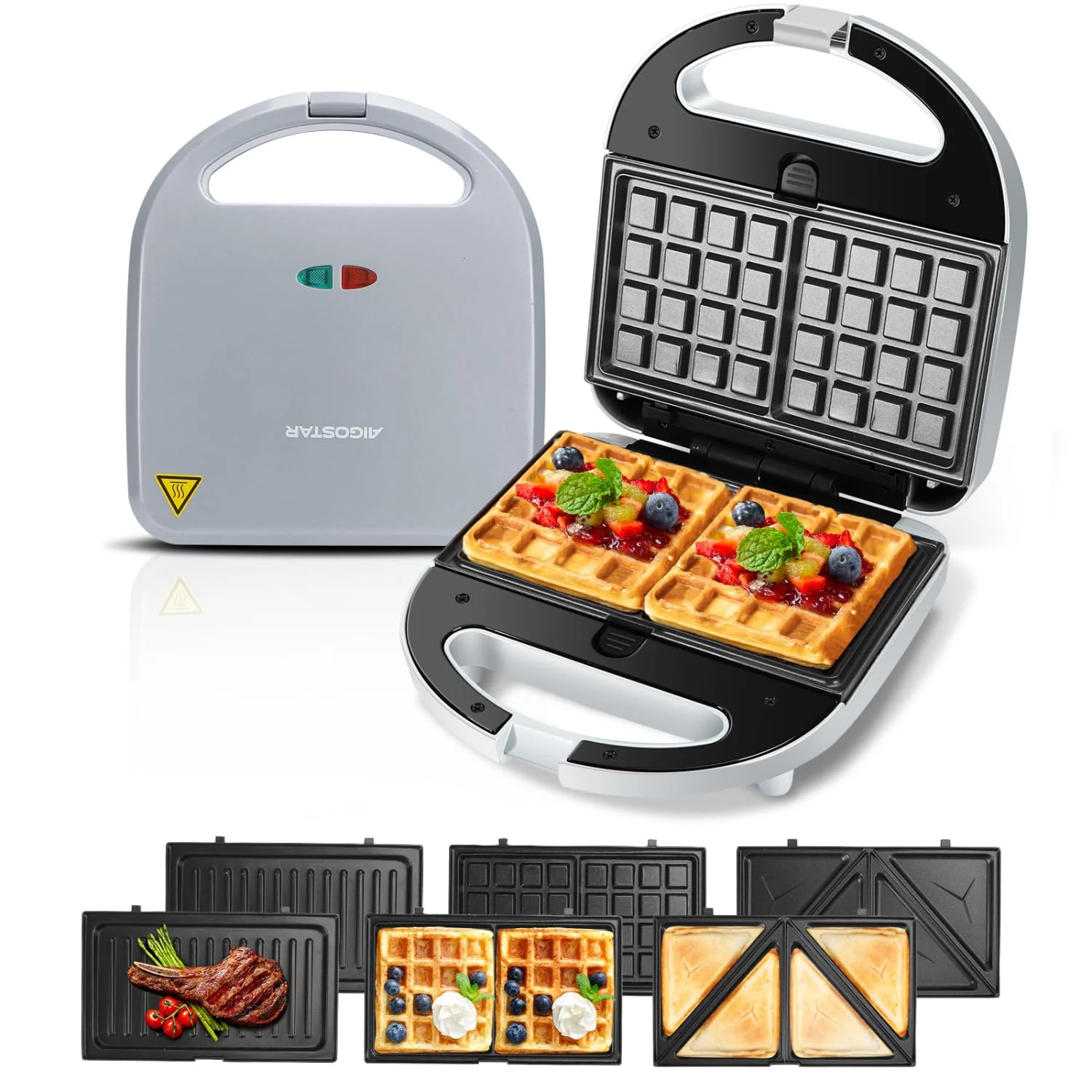 Aigostar Sandwich maker 3 in 1, Sandwich Maker, Kontaktgrill, Waffeleisen 3 in 1, 750W, Antihaftbeschichtete abnehmbare Platten, wärmeisolierter Griffe, Grau, Grace - Image 5