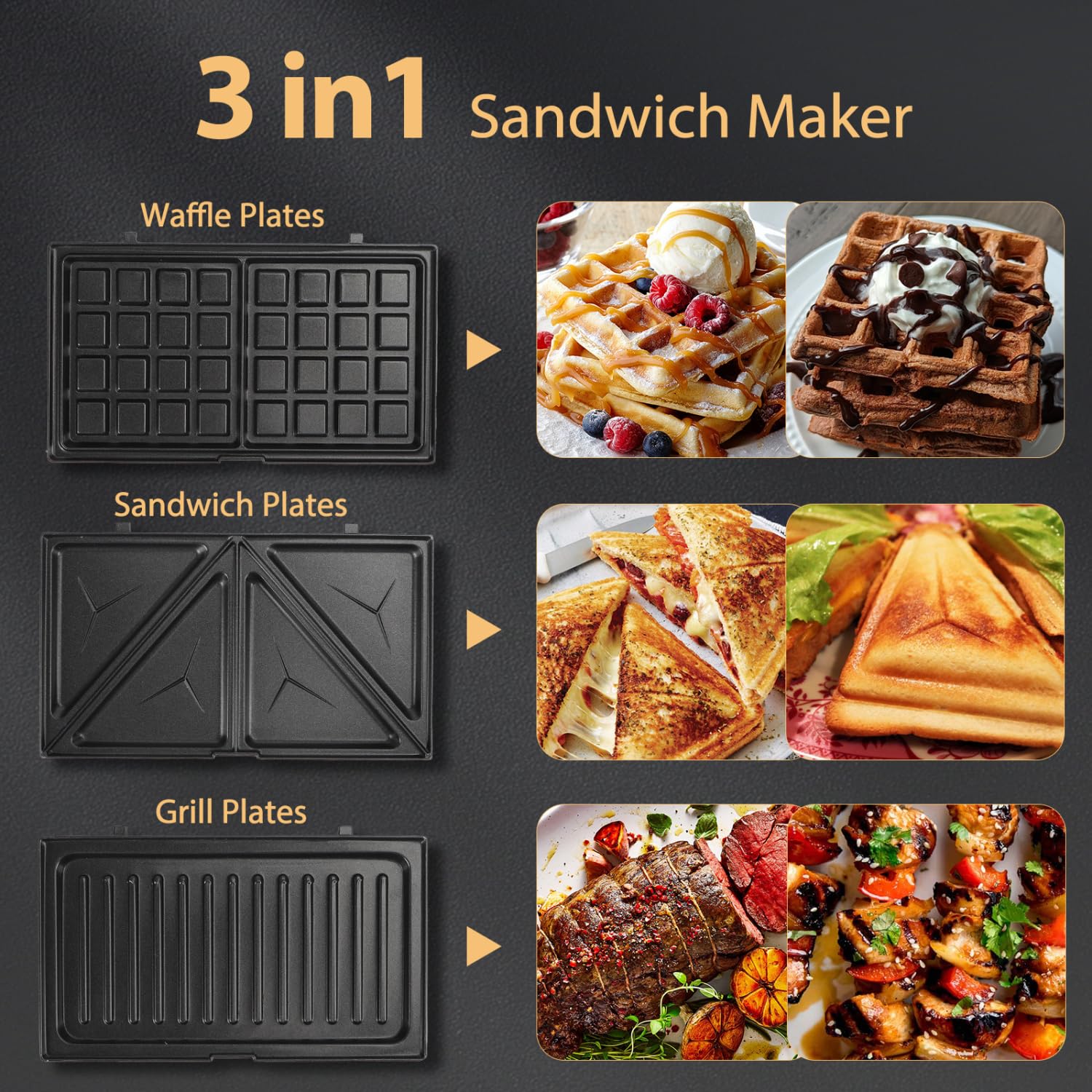 Aigostar Sandwich maker 3 in 1, Sandwich Maker, Kontaktgrill, Waffeleisen 3 in 1, 750W, Antihaftbeschichtete abnehmbare Platten, wärmeisolierter Griffe, Grau, Grace - Image 6