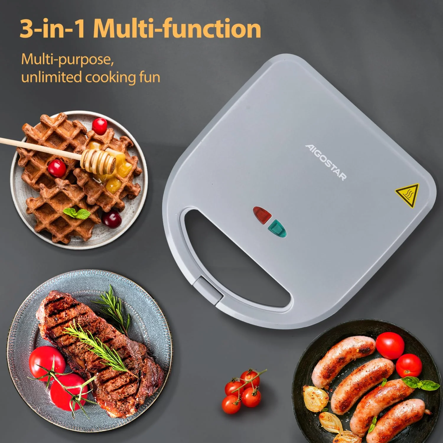 Aigostar Sandwich maker 3 in 1, Sandwich Maker, Kontaktgrill, Waffeleisen 3 in 1, 750W, Antihaftbeschichtete abnehmbare Platten, wärmeisolierter Griffe, Grau, Grace - Image 7