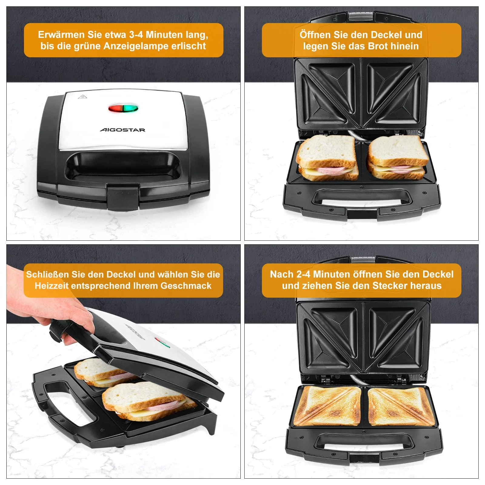 Aigostar Sandwichmaker für Dreieckige Sandwichtoasts, 800 W mit Antihaftbeschichtung, Doppelseitiges Backen bei Konstanter Temperatur, Vertikale Lagerung, Rutschfeste Füße, BPA-frei - Image 6